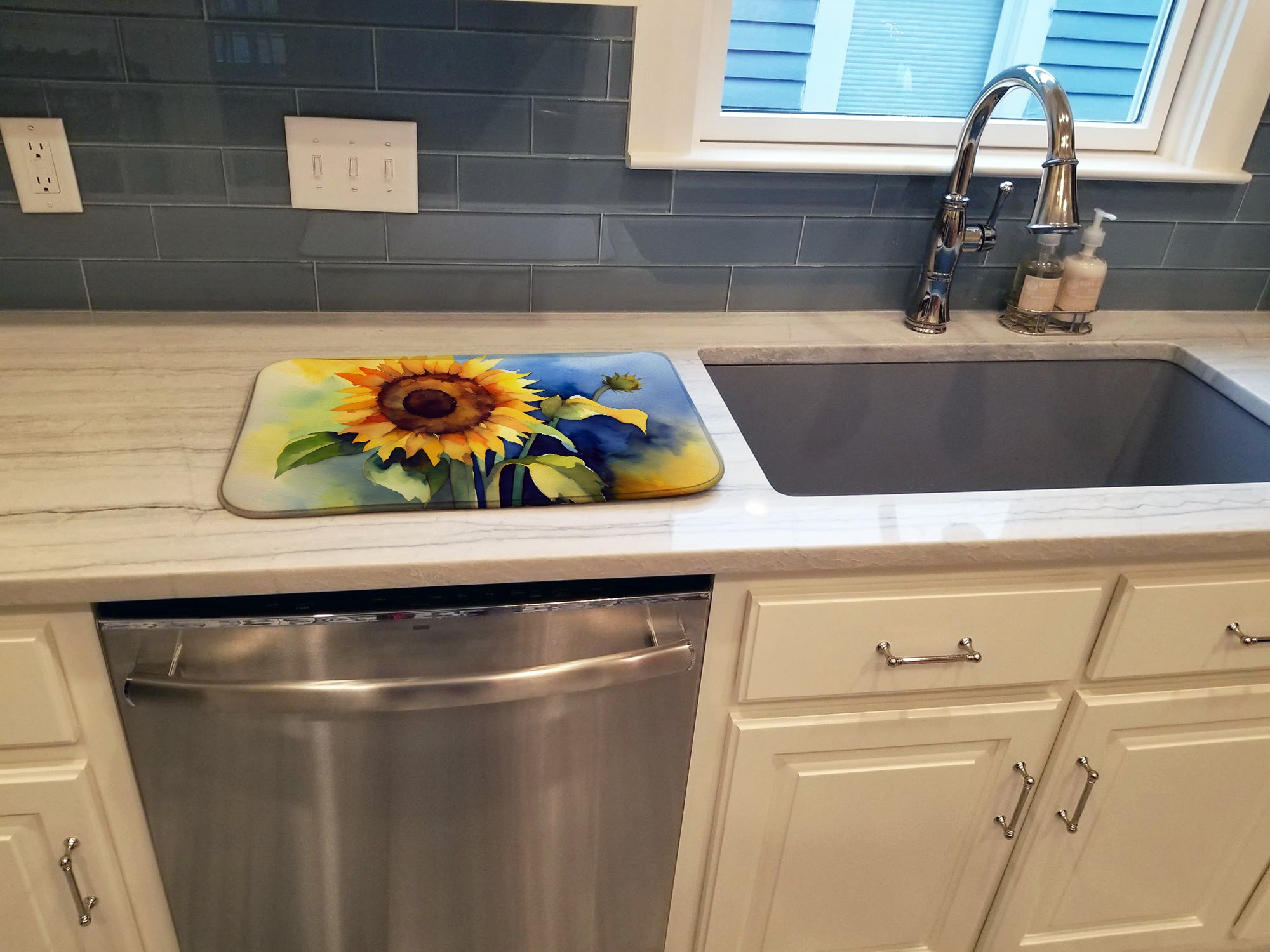 Sunflowers in Watercolor Dish Drying Mat