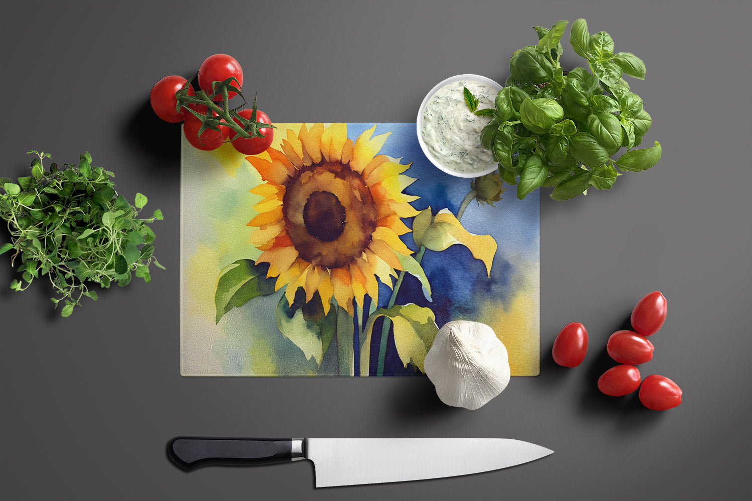 Sunflowers in Watercolor Glass Cutting Board Large