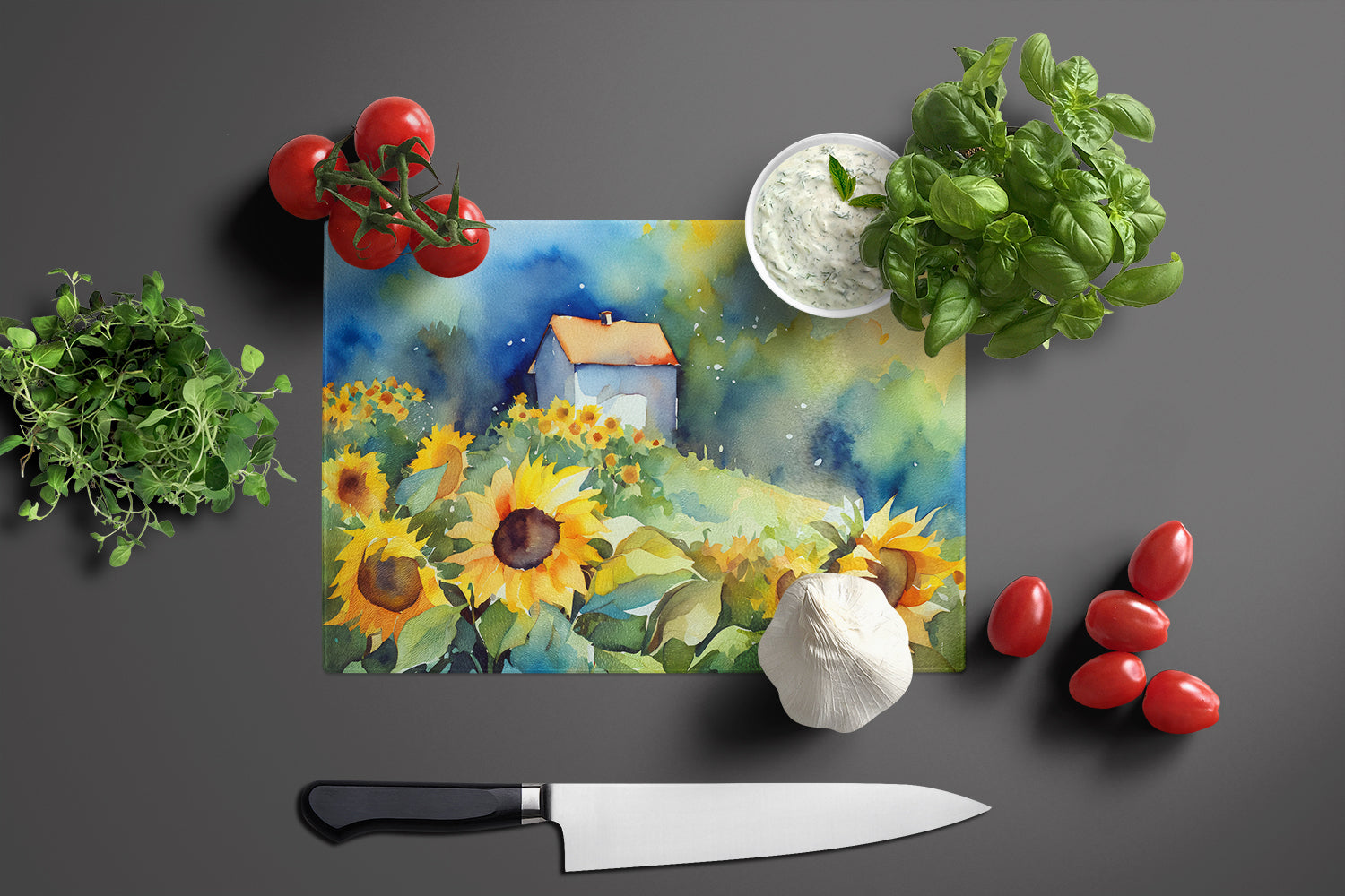 Sunflowers in Watercolor Glass Cutting Board Large