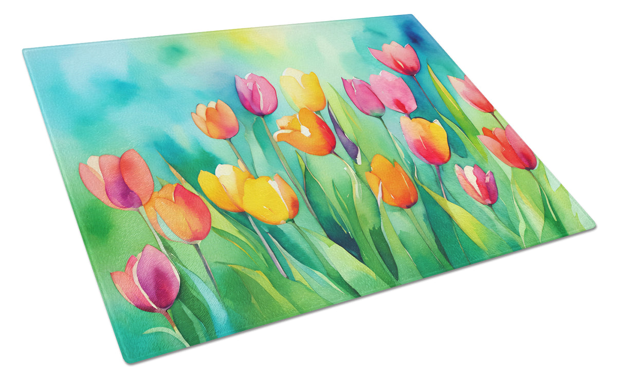 Buy this Tulips in Watercolor Glass Cutting Board Large