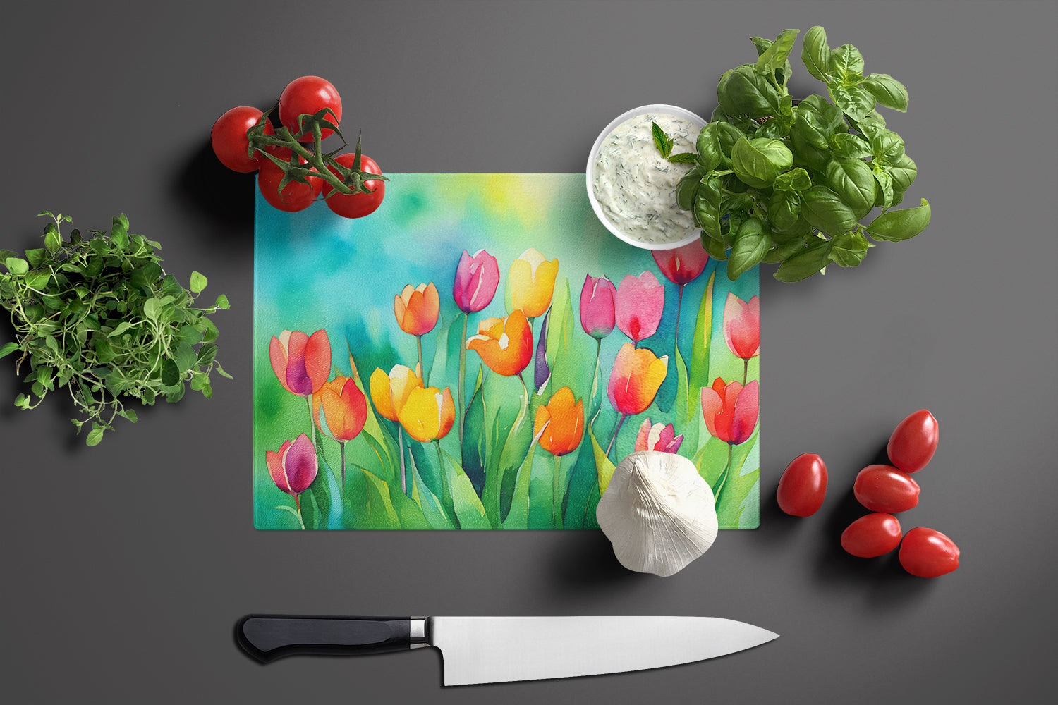 Tulips in Watercolor Glass Cutting Board Large