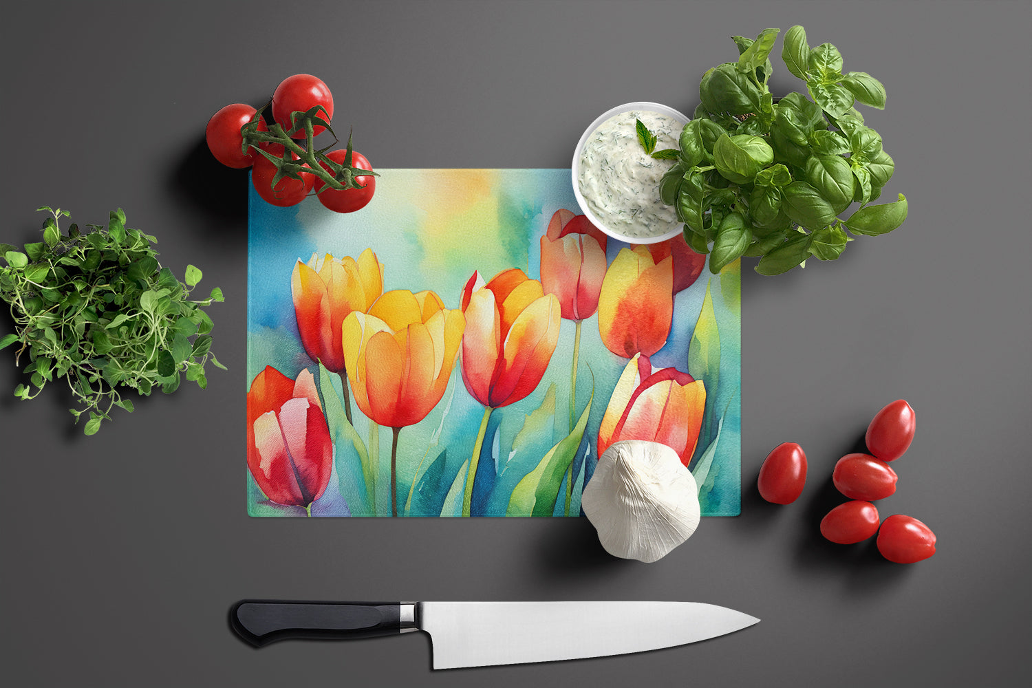 Tulips in Watercolor Glass Cutting Board Large
