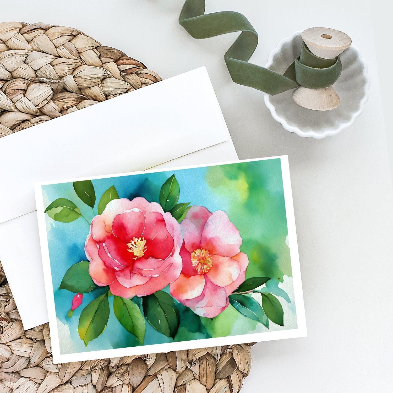 Alabama Camellia in Watercolor Greeting Cards and Envelopes Pack of 8