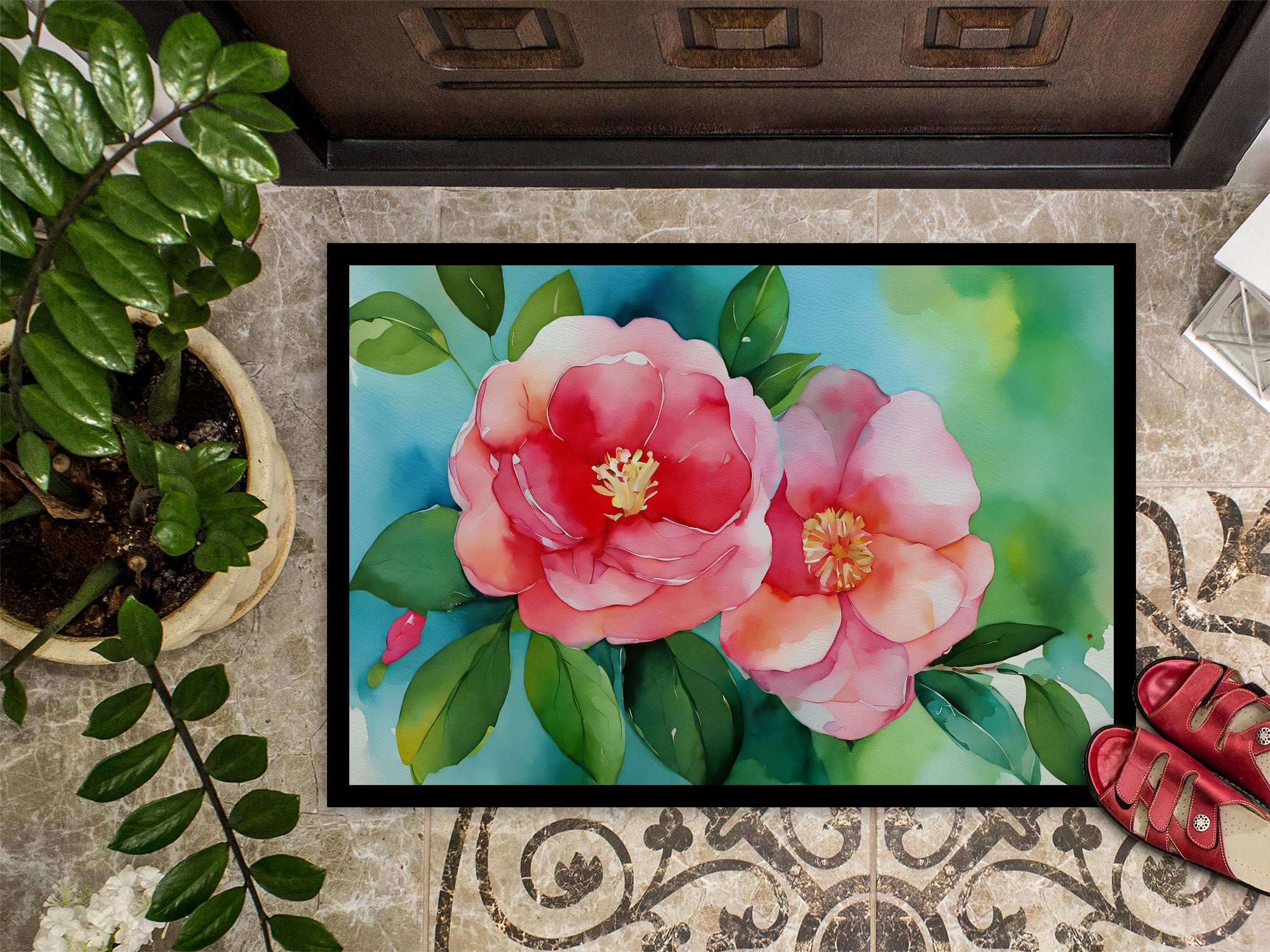 Alabama Camellia in Watercolor Indoor or Outdoor Mat 24x36