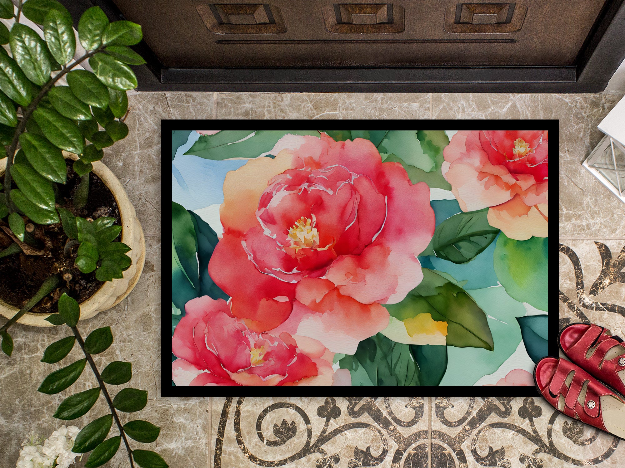 Alabama Camellia in Watercolor Indoor or Outdoor Mat 24x36