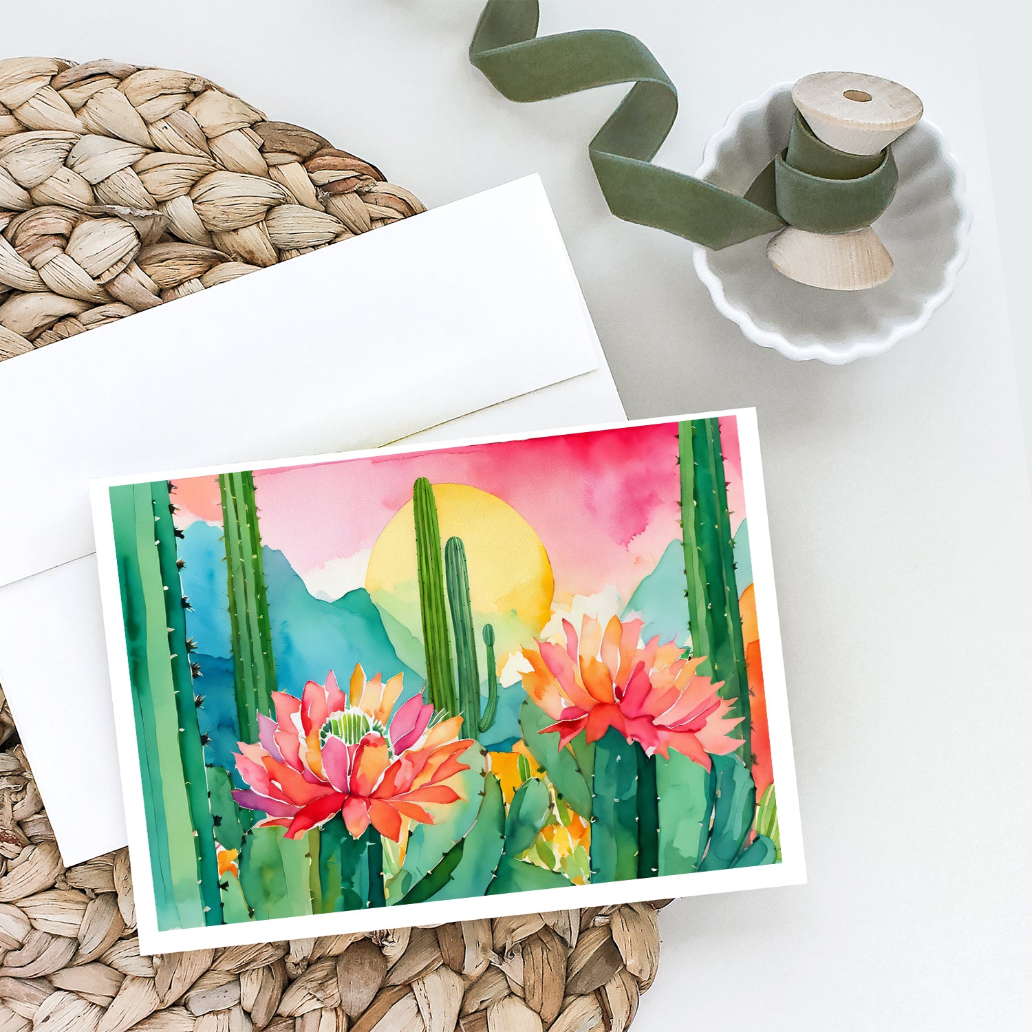 Arizona Saguaro Cactus Blossom in Watercolor Greeting Cards and Envelopes Pack of 8