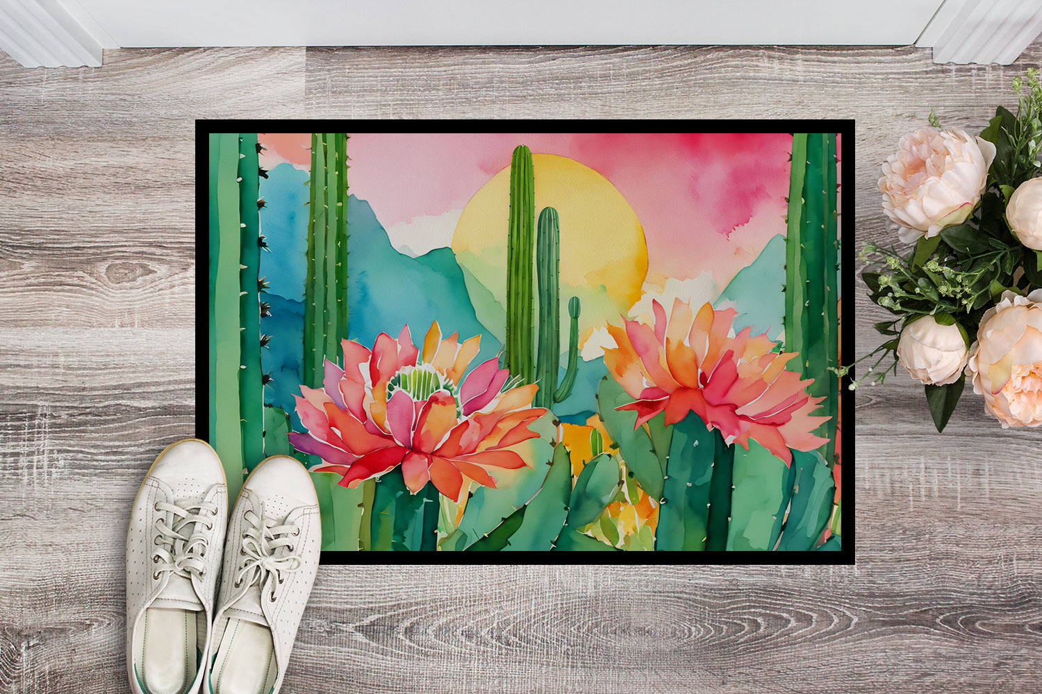 Arizona Saguaro Cactus Blossom in Watercolor Doormat 18x27
