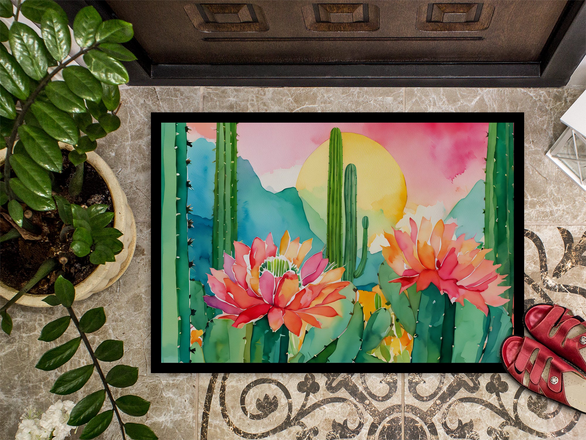 Arizona Saguaro Cactus Blossom in Watercolor Doormat 18x27