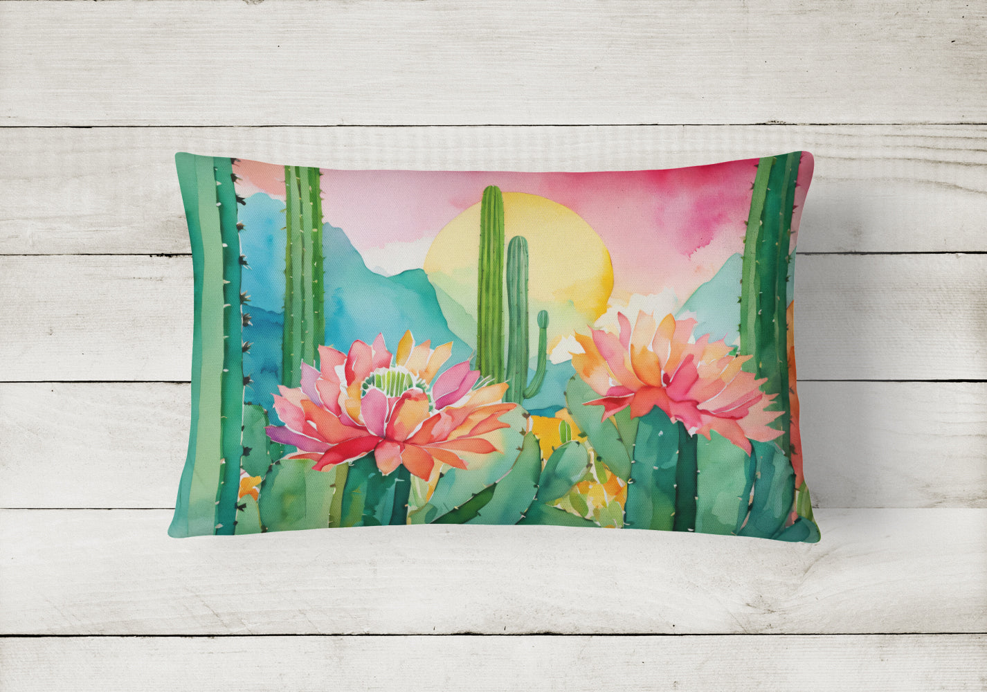 Buy this Arizona Saguaro Cactus Blossom in Watercolor Fabric Decorative Pillow