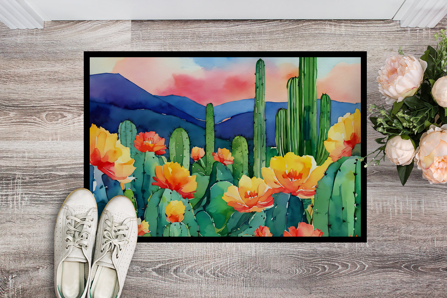 Arizona Saguaro Cactus Blossom in Watercolor Indoor or Outdoor Mat 24x36