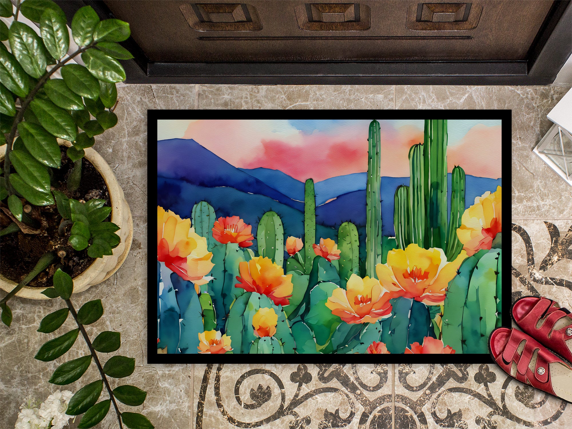 Arizona Saguaro Cactus Blossom in Watercolor Indoor or Outdoor Mat 24x36