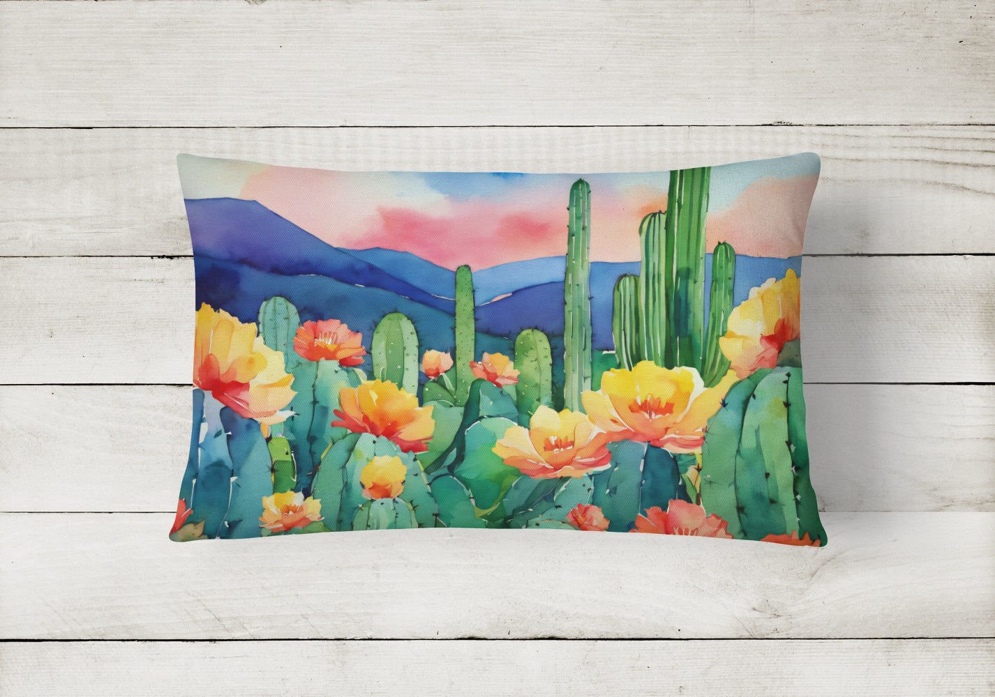 Buy this Arizona Saguaro Cactus Blossom in Watercolor Fabric Decorative Pillow