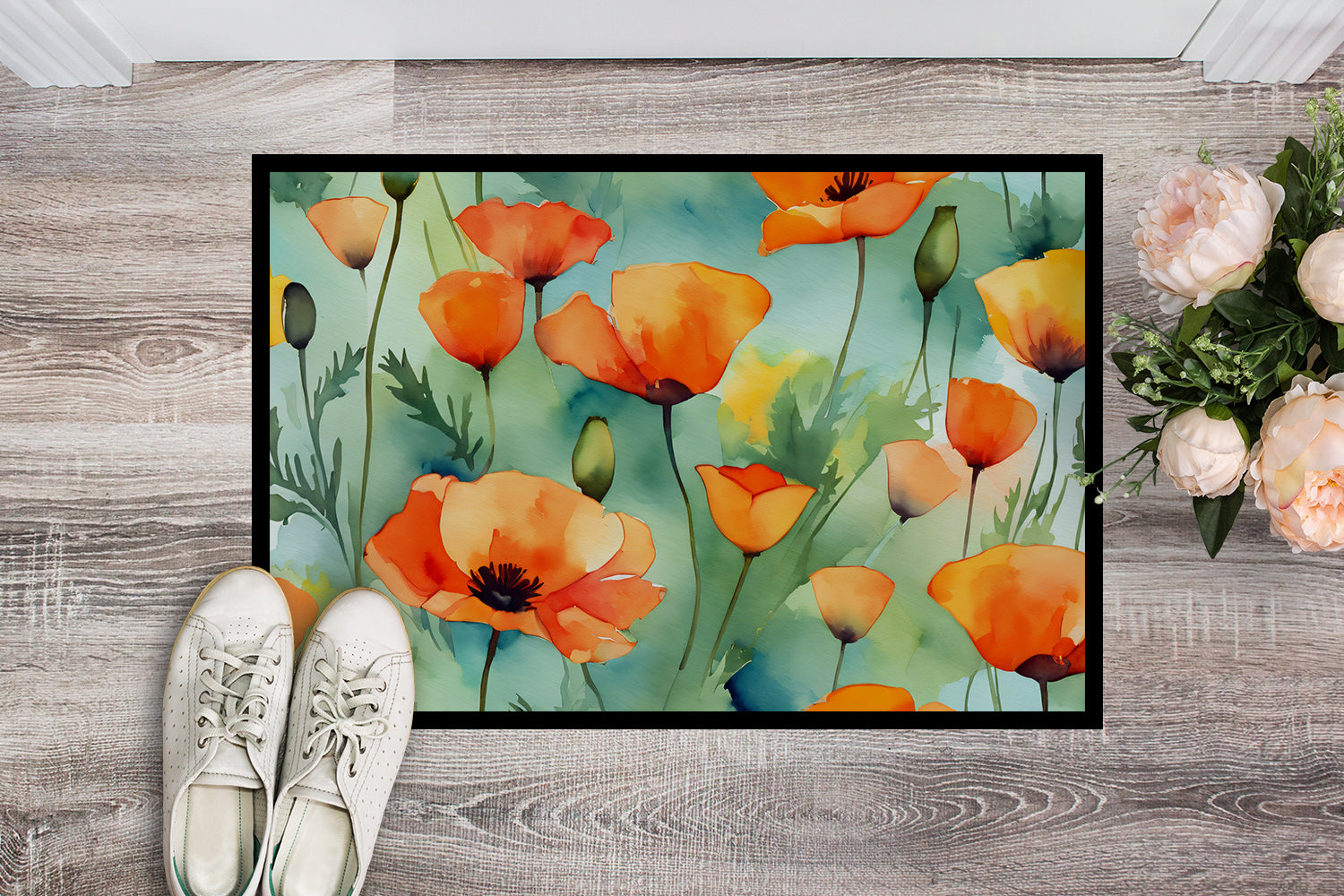 Buy this California California Poppies in Watercolor Indoor or Outdoor Mat 24x36
