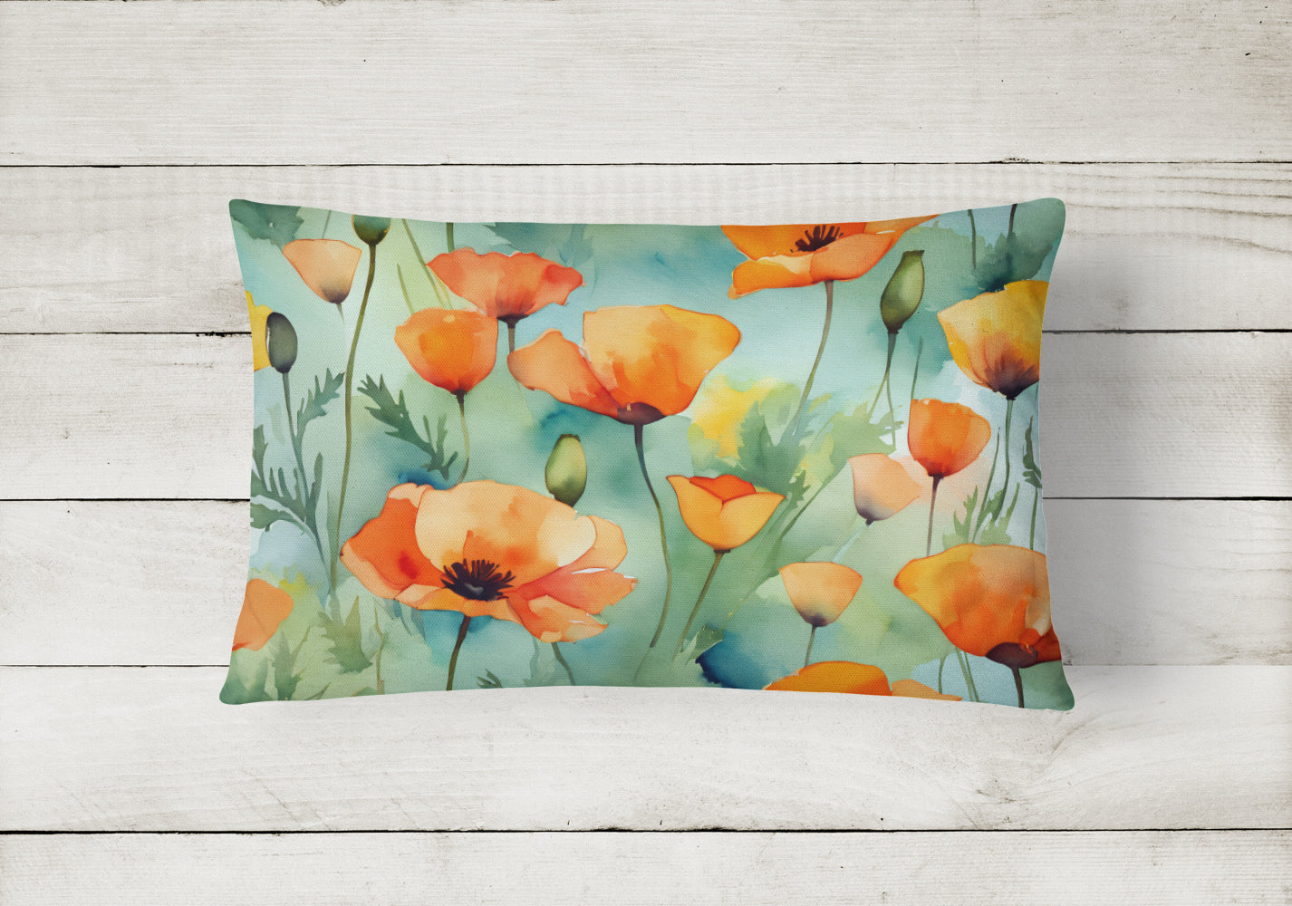 California California Poppies in Watercolor Fabric Decorative Pillow