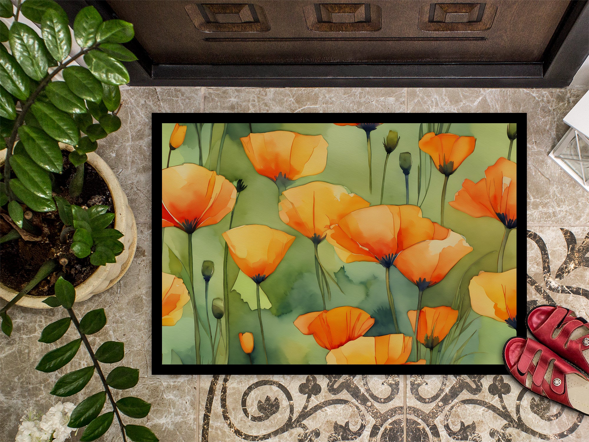 California California Poppies in Watercolor Indoor or Outdoor Mat 24x36