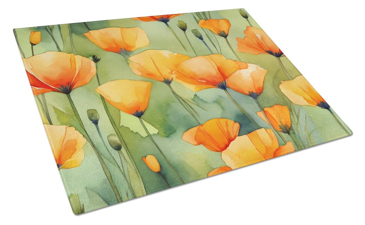 Buy this California California Poppies in Watercolor Glass Cutting Board Large