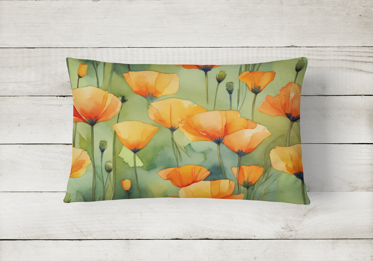 California California Poppies in Watercolor Fabric Decorative Pillow
