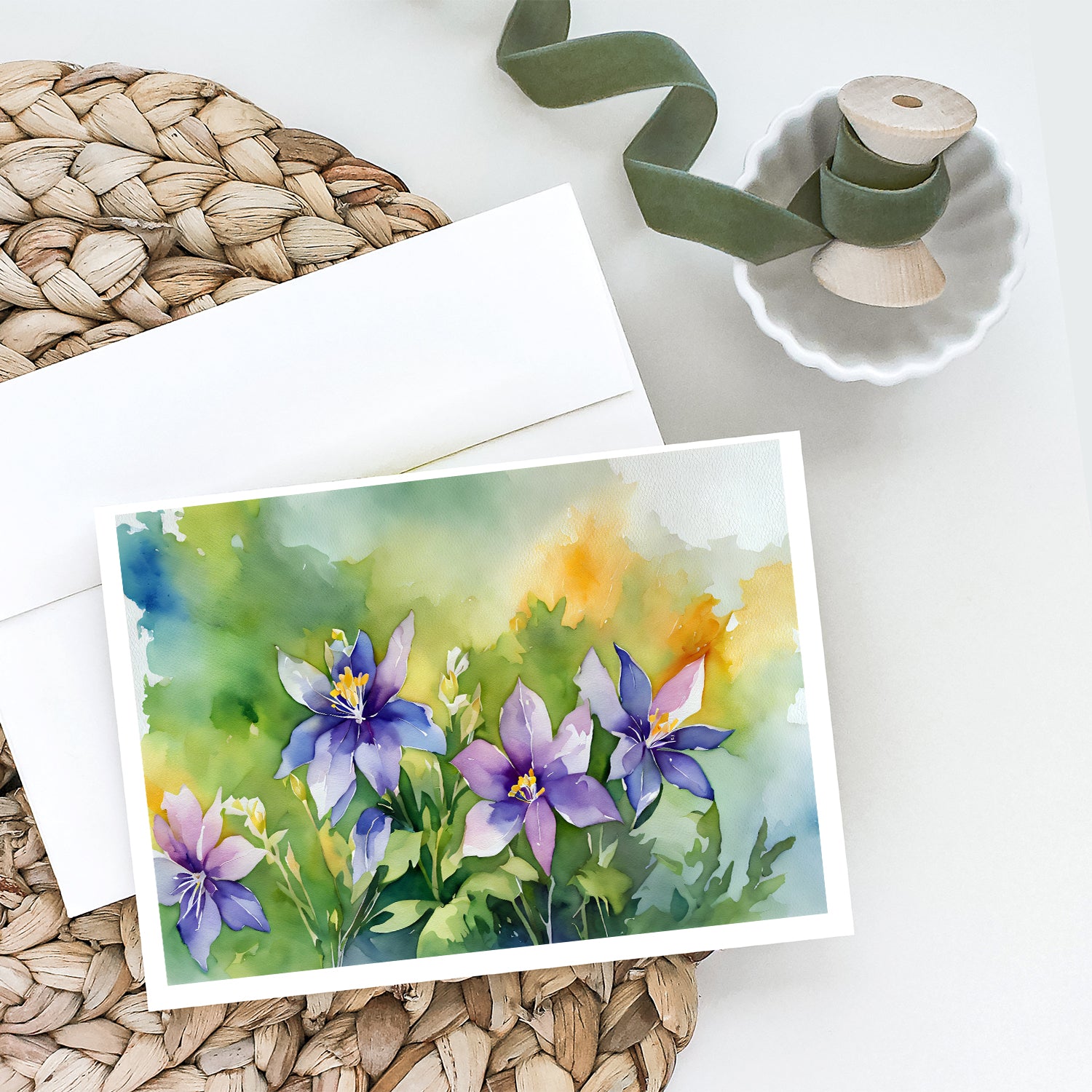 Colorado Rocky Mountain Columbine in Watercolor Greeting Cards and Envelopes Pack of 8