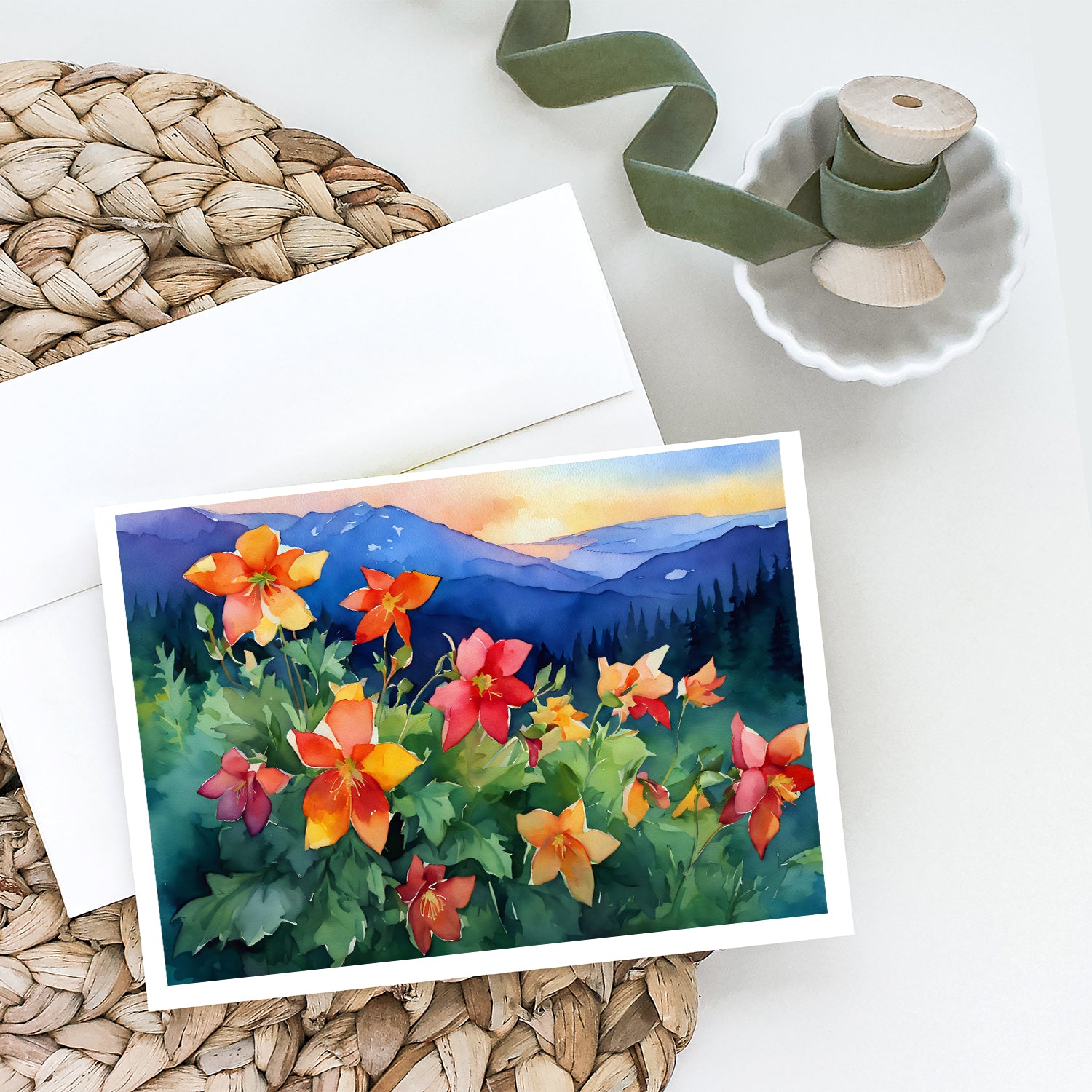Colorado Rocky Mountain Columbine in Watercolor Greeting Cards and Envelopes Pack of 8