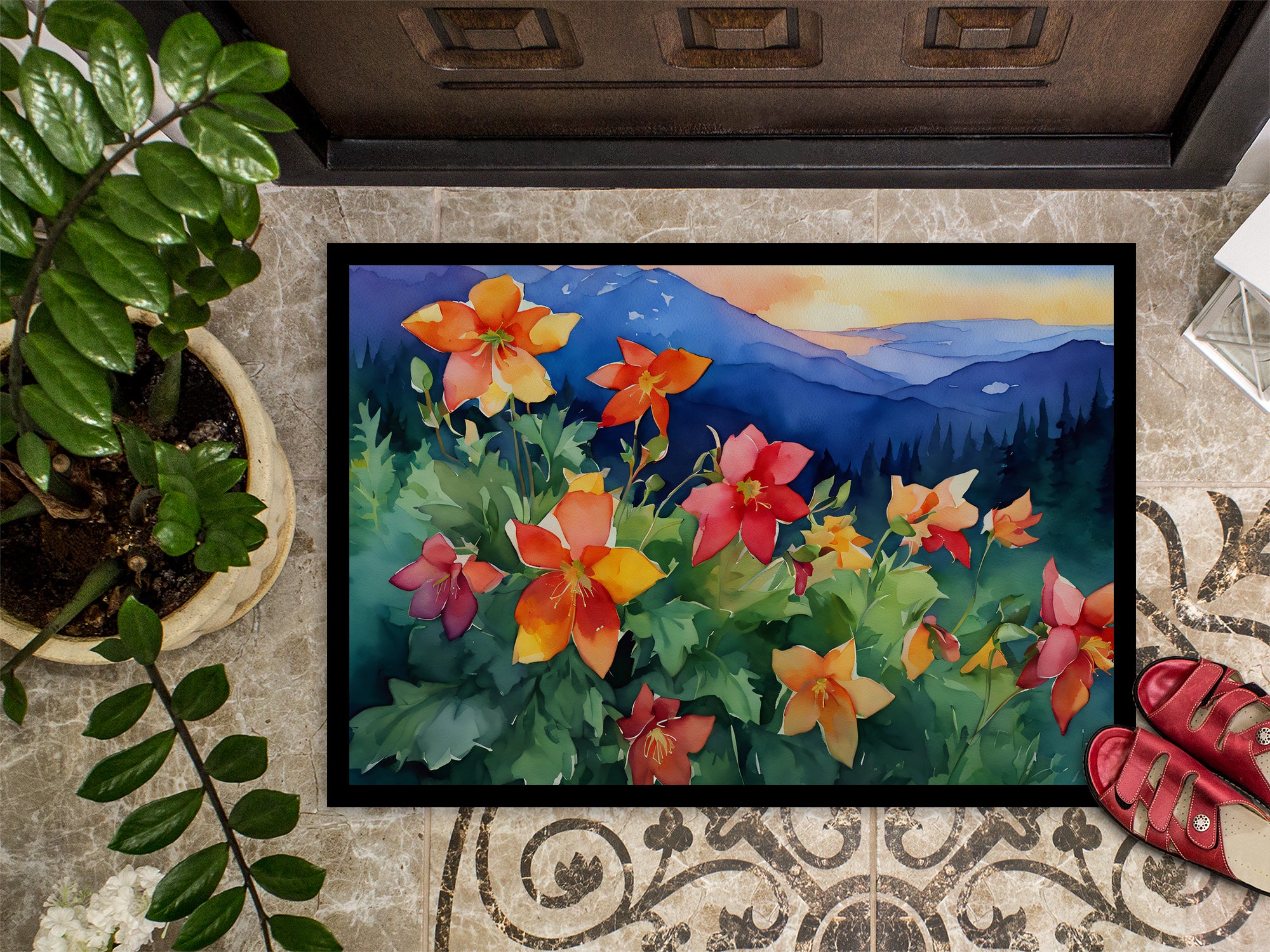 Colorado Rocky Mountain Columbine in Watercolor Indoor or Outdoor Mat 24x36