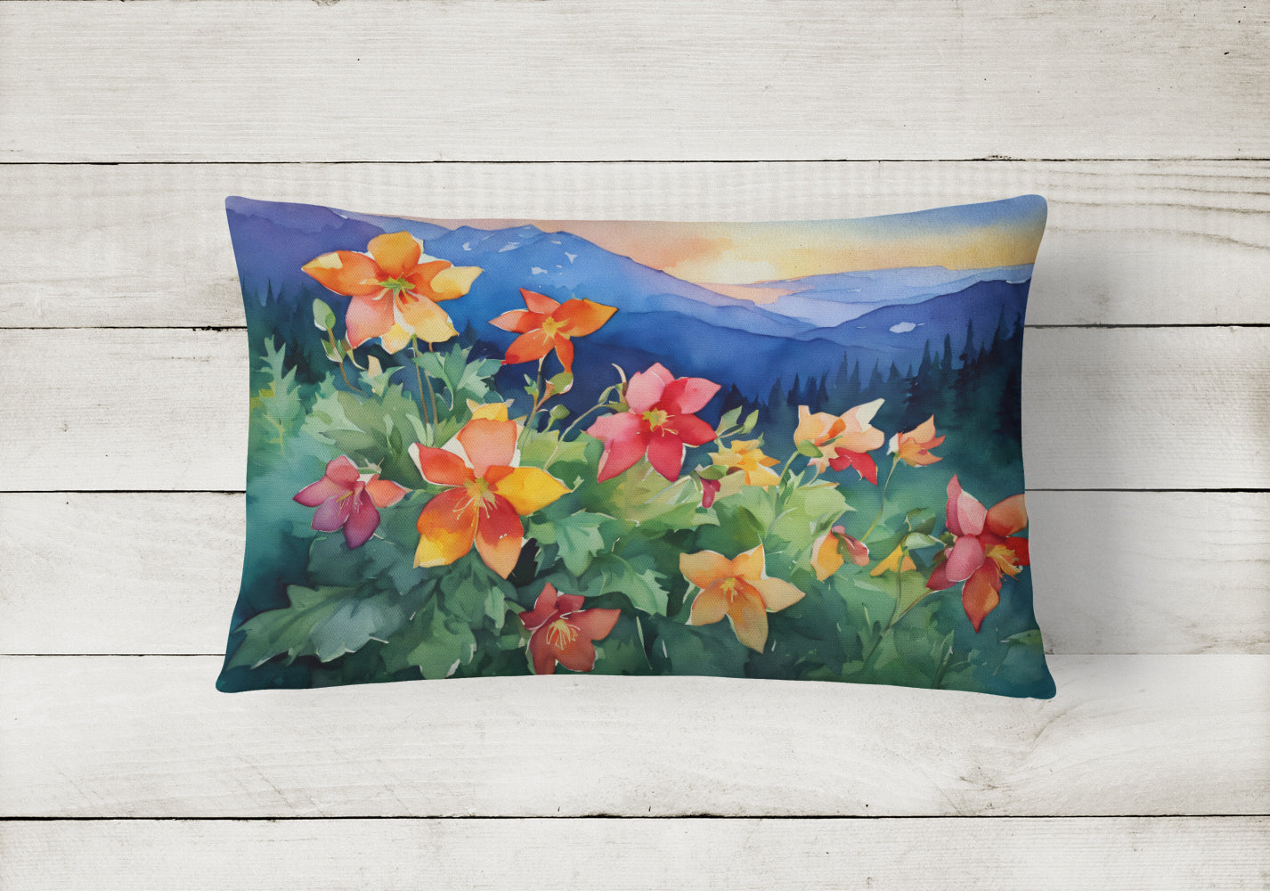 Colorado Rocky Mountain Columbine in Watercolor Fabric Decorative Pillow