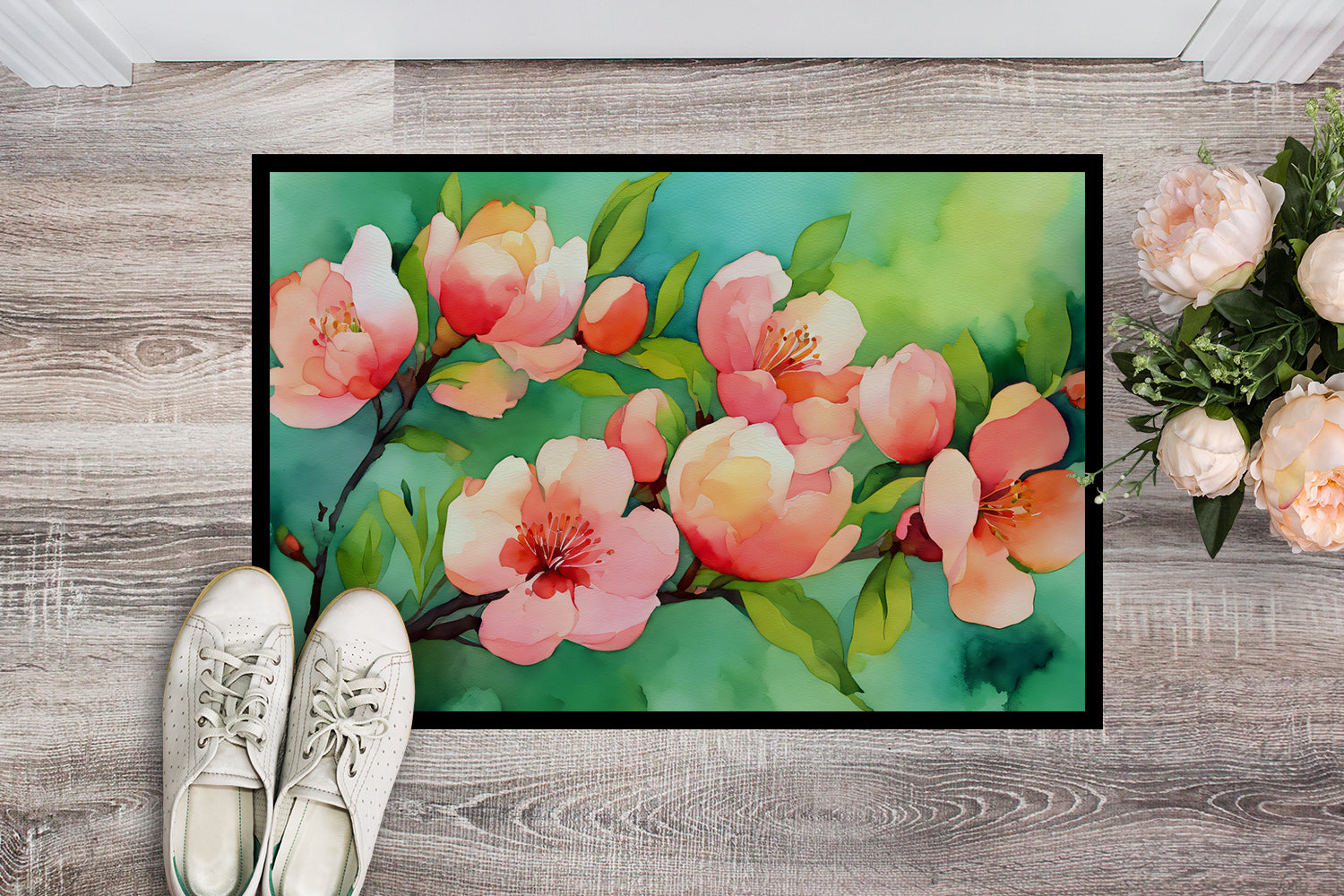 Delaware Peach Blossom in Watercolor Indoor or Outdoor Mat 24x36