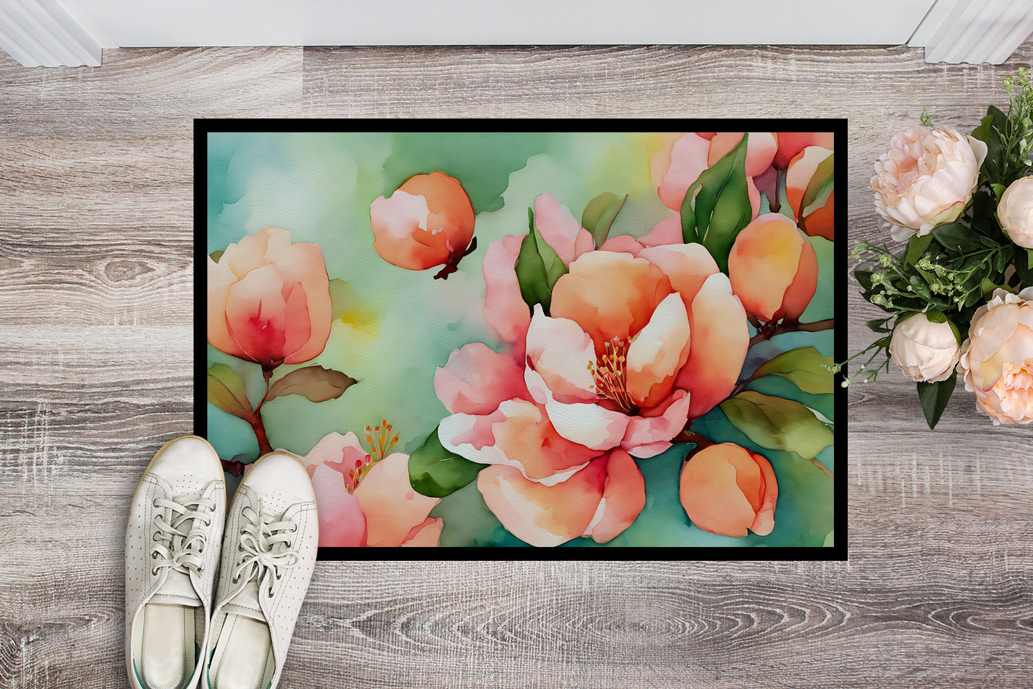Delaware Peach Blossom in Watercolor Indoor or Outdoor Mat 24x36