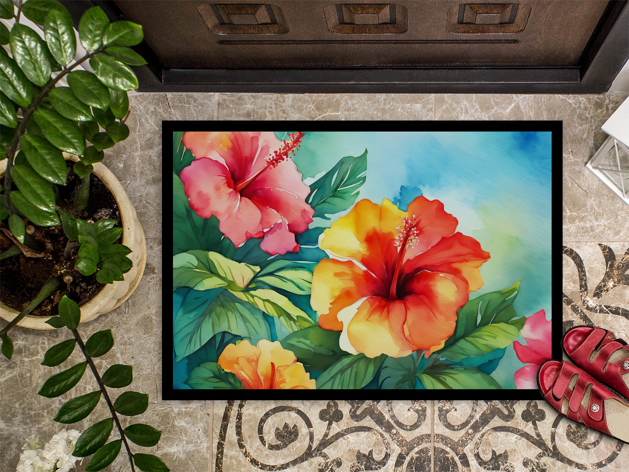 Hawaii Hawaiian Hibiscus in Watercolor Indoor or Outdoor Mat 24x36