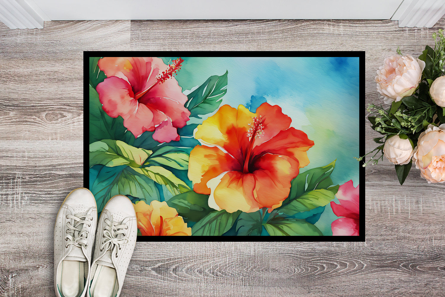 Caroline's Treasures Hawaii Hawaiian Hibiscus in Watercolor Doormat - 18x27 Decorative Floor Mat – Indoor/Outdoor Rug