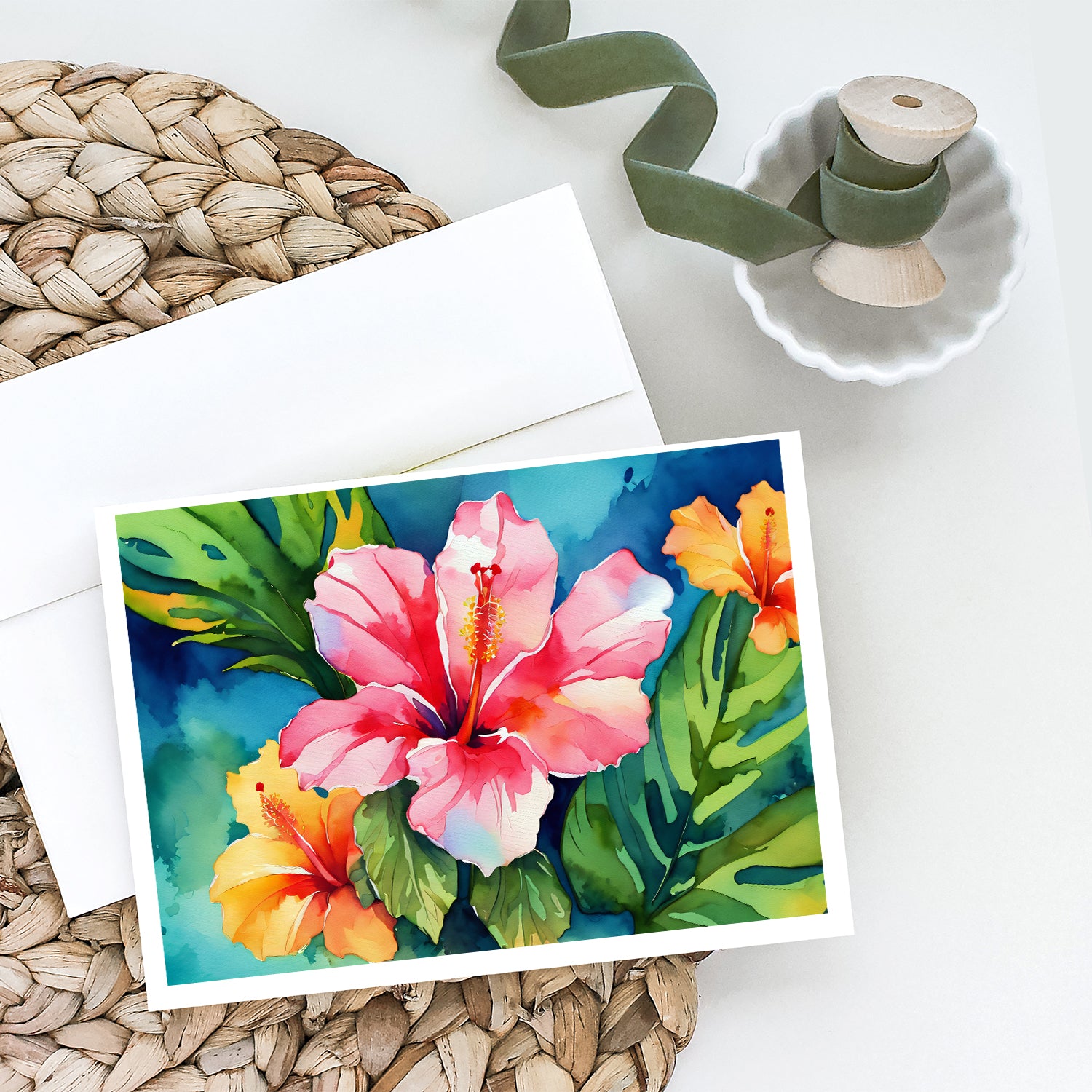 Hawaii Hawaiian Hibiscus in Watercolor Greeting Cards and Envelopes Pack of 8