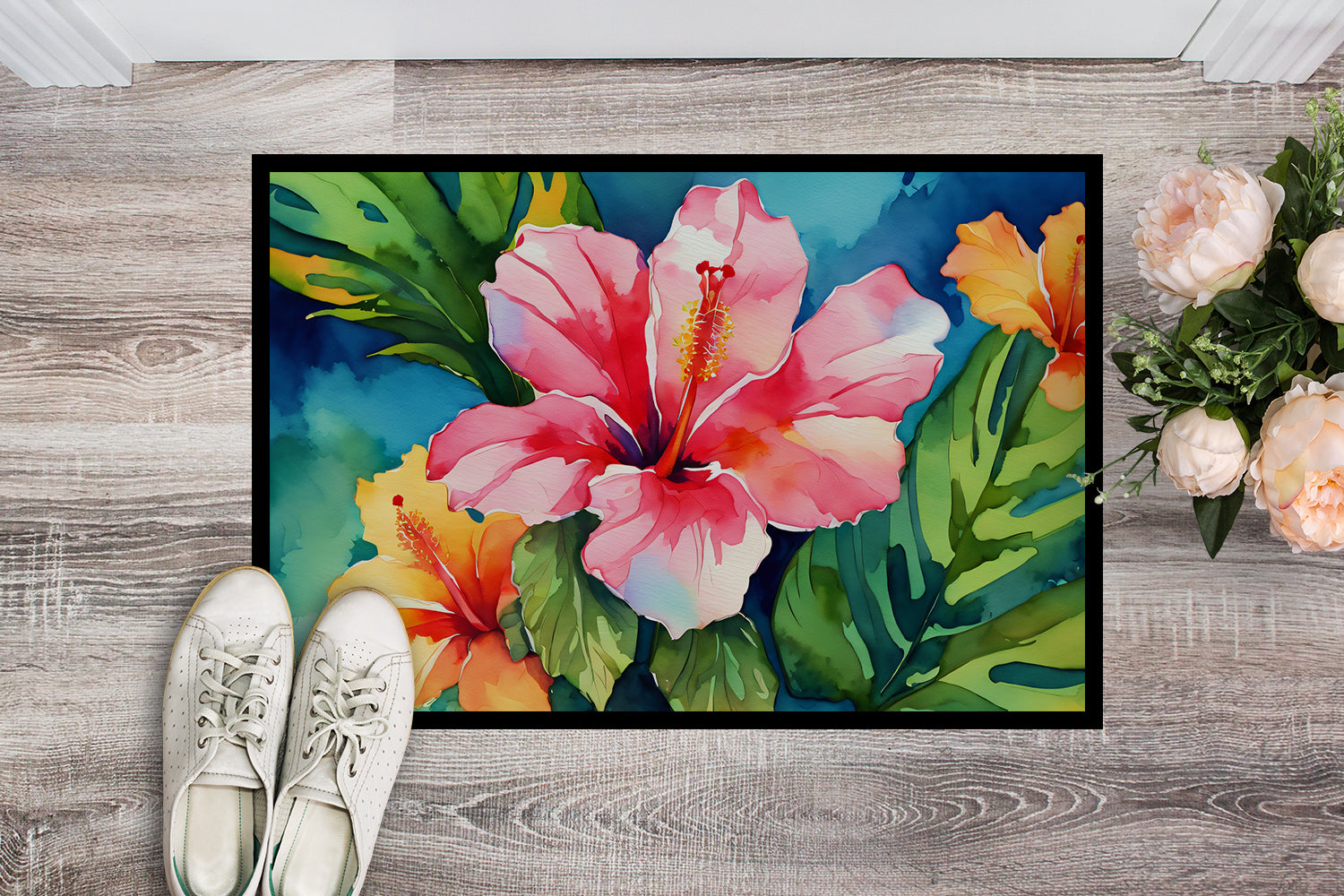 Buy this Hawaii Hawaiian Hibiscus in Watercolor Indoor or Outdoor Mat 24x36