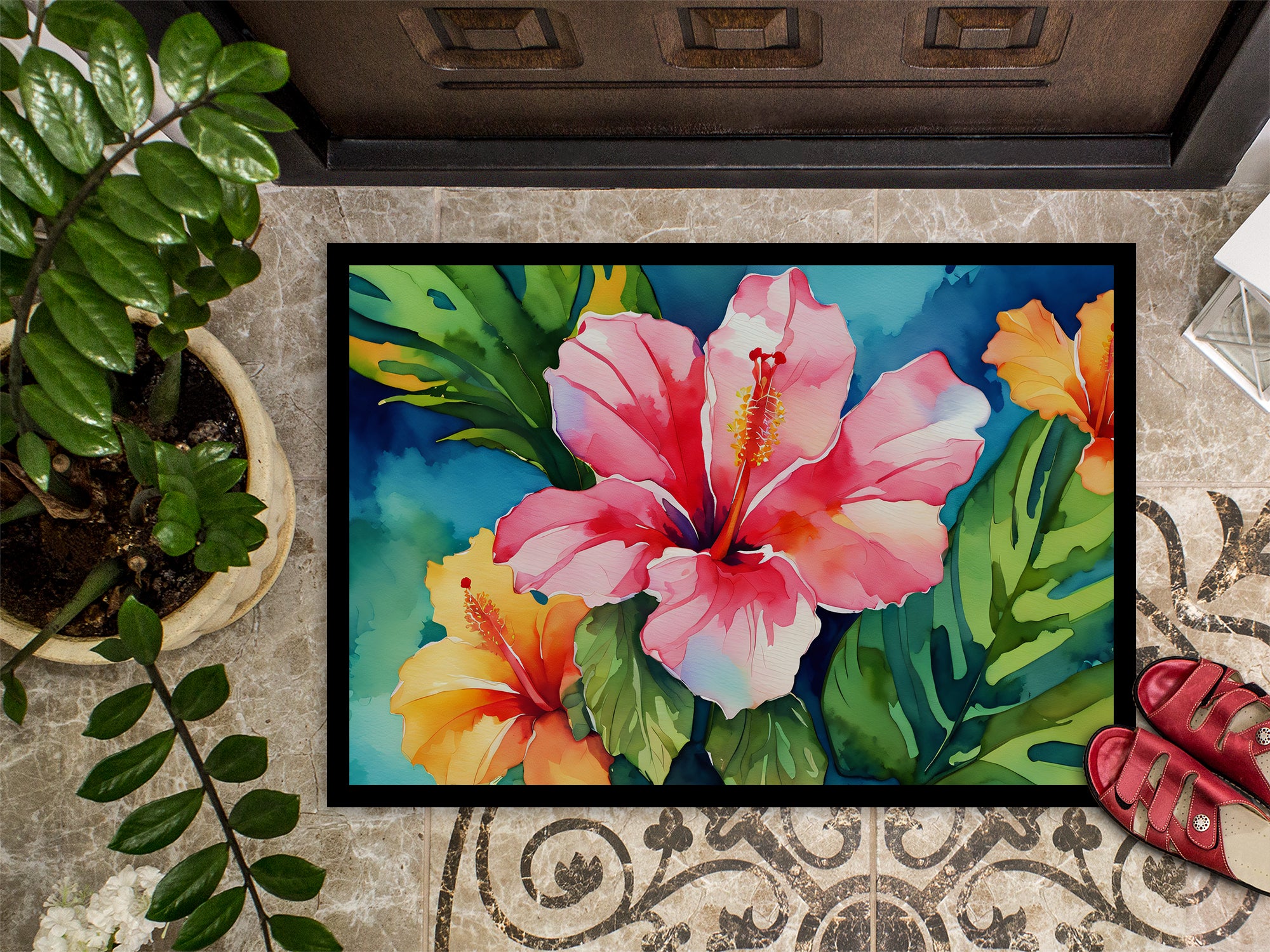 Hawaii Hawaiian Hibiscus in Watercolor Indoor or Outdoor Mat 24x36