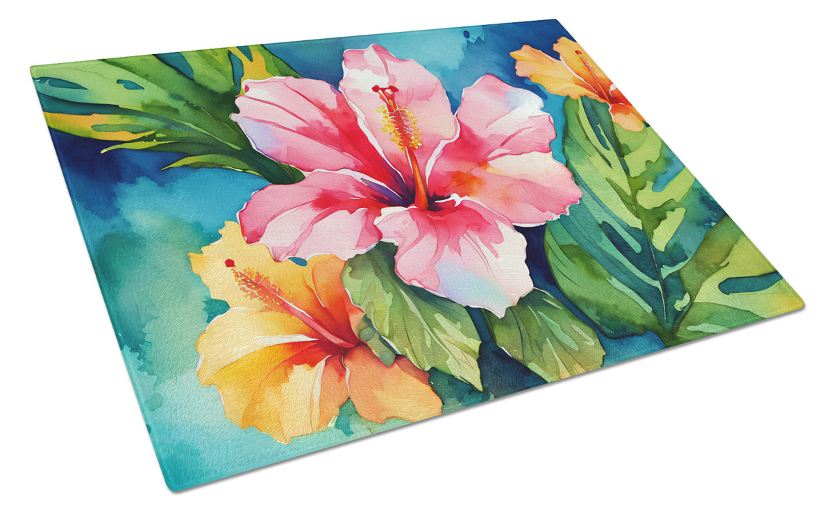 Buy this Hawaii Hawaiian Hibiscus in Watercolor Glass Cutting Board Large