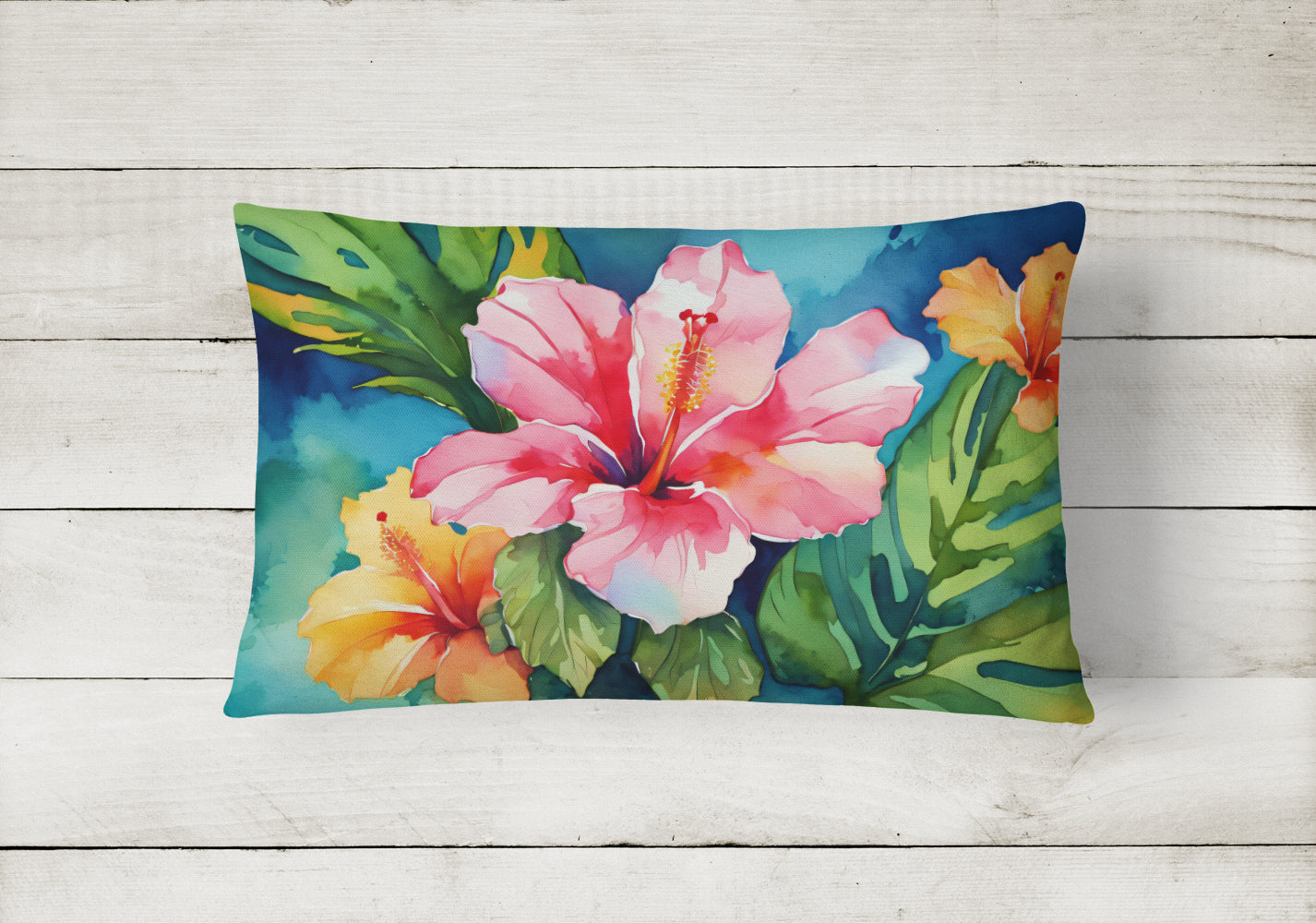 Hawaii Hawaiian Hibiscus in Watercolor Fabric Decorative Pillow