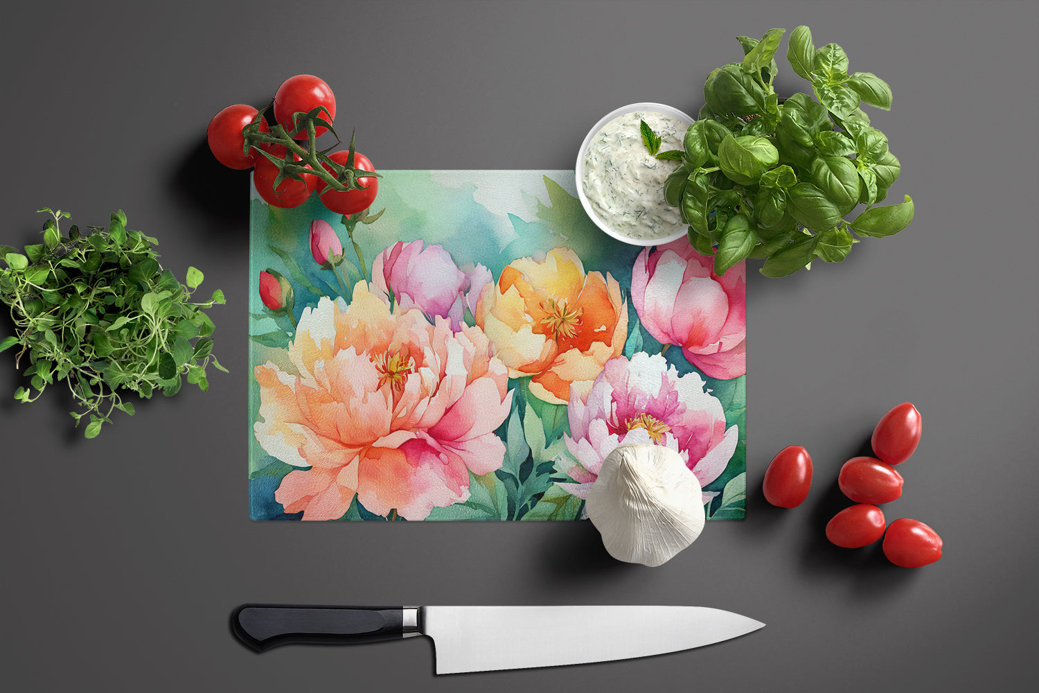Indiana Peonies in Watercolor Glass Cutting Board Large
