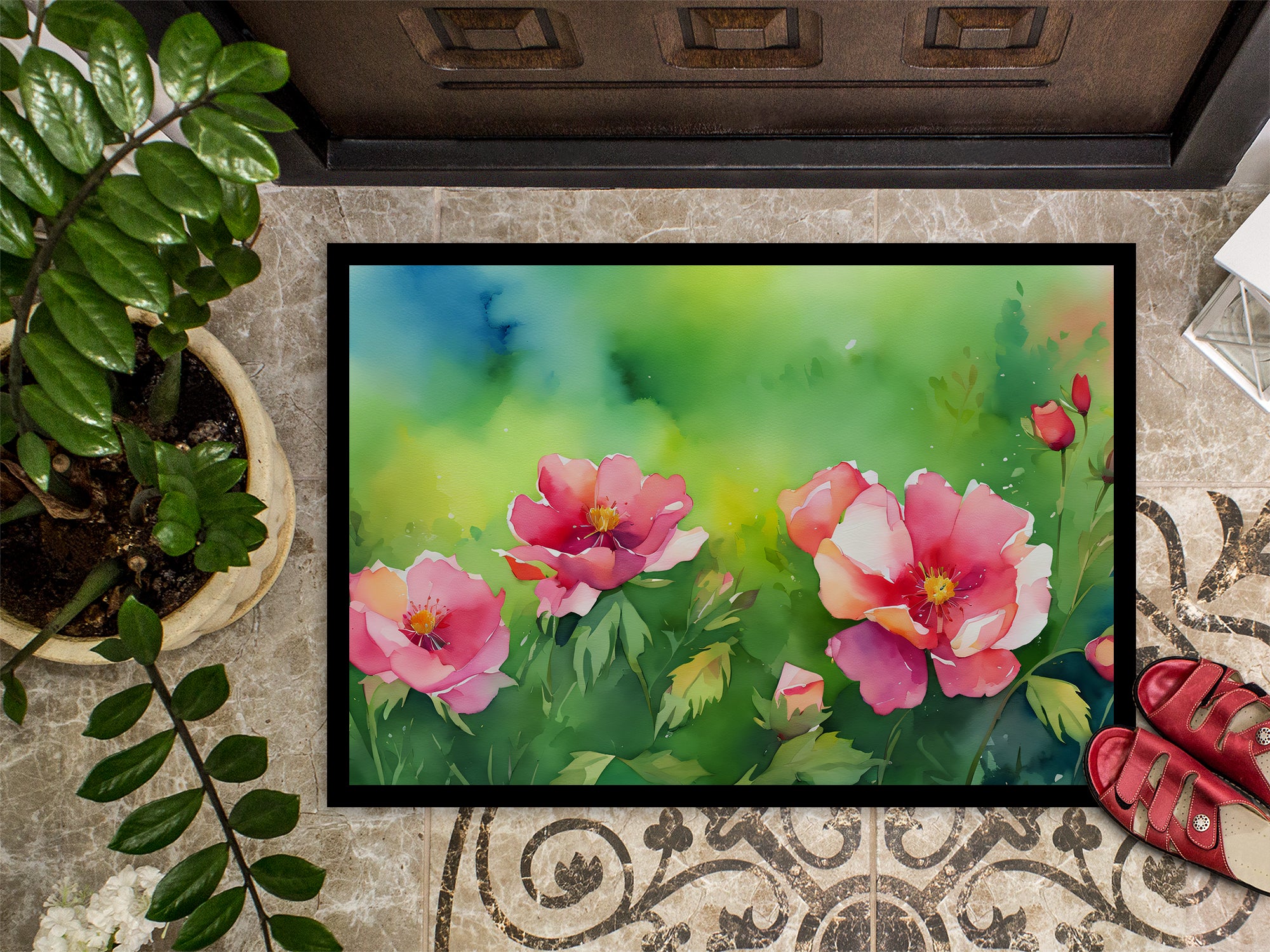 Iowa Wild Prairie Roses in Watercolor Indoor or Outdoor Mat 24x36