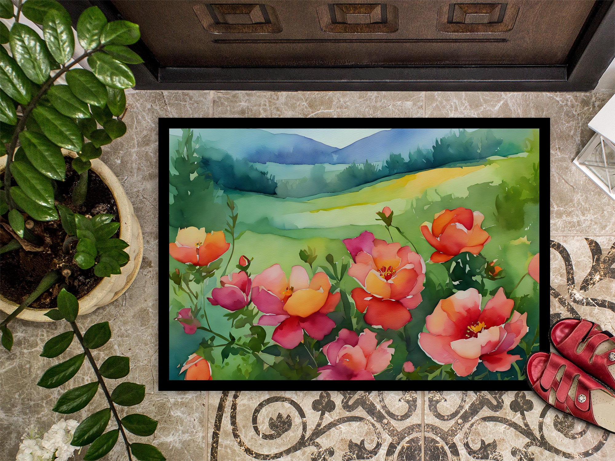 Iowa Wild Prairie Roses in Watercolor Indoor or Outdoor Mat 24x36
