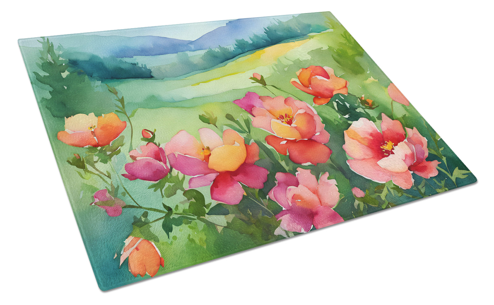 Caroline's Treasures Iowa Wild Prairie Roses in Watercolor Glass Cutting Boards – Durable, Decorative Kitchen Art Large