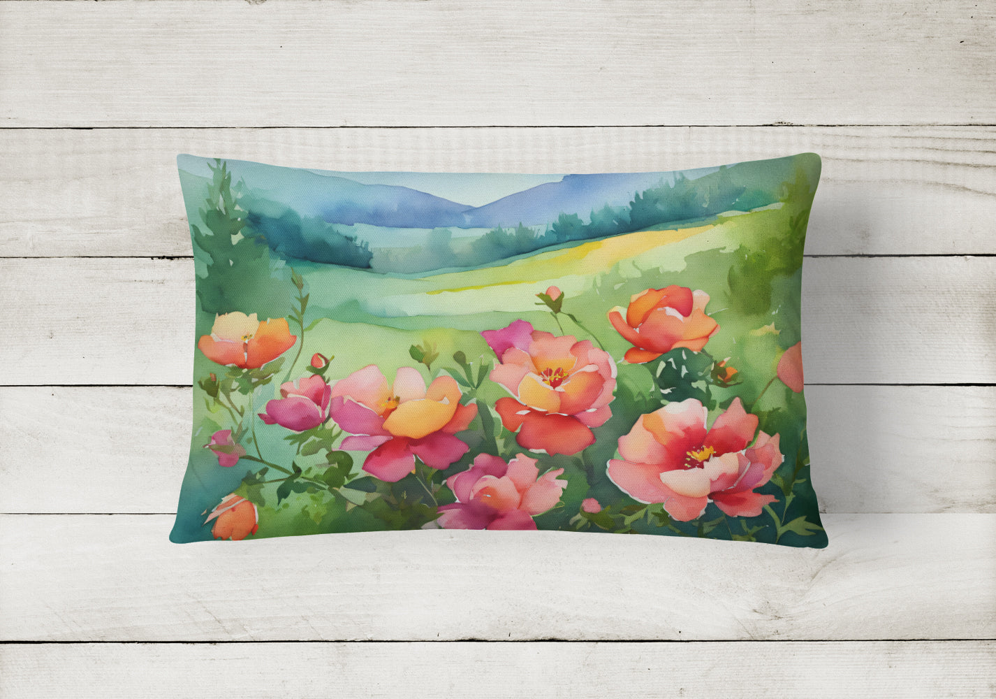 Iowa Wild Prairie Roses in Watercolor Fabric Decorative Pillow