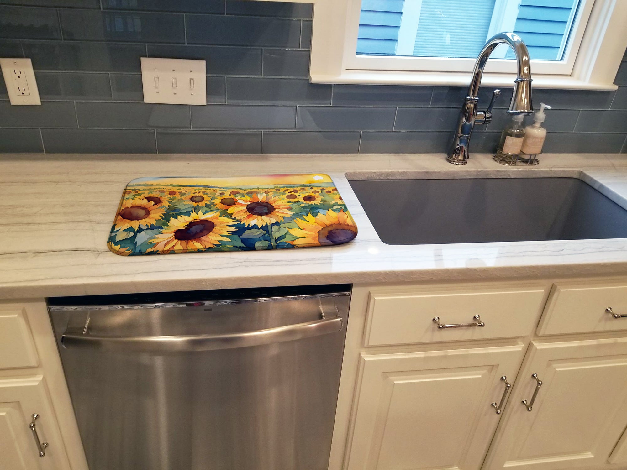 Kansas Sunflowers in Watercolor Dish Drying Mat