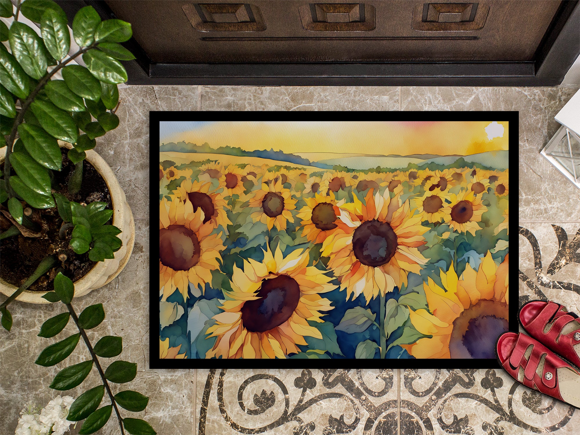 Kansas Sunflowers in Watercolor Indoor or Outdoor Mat 24x36