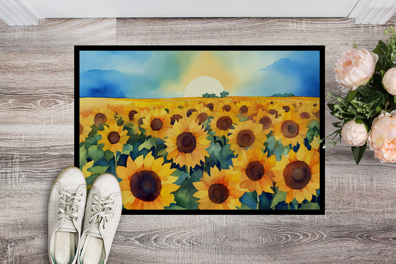 Kansas Sunflowers in Watercolor Indoor or Outdoor Mat 24x36