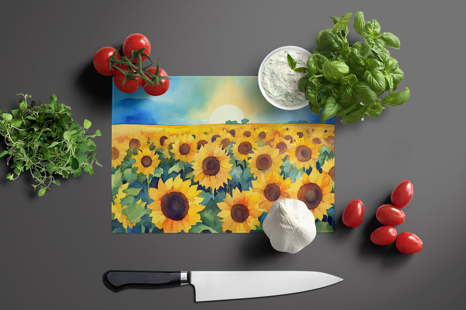 Kansas Sunflowers in Watercolor Glass Cutting Board Large