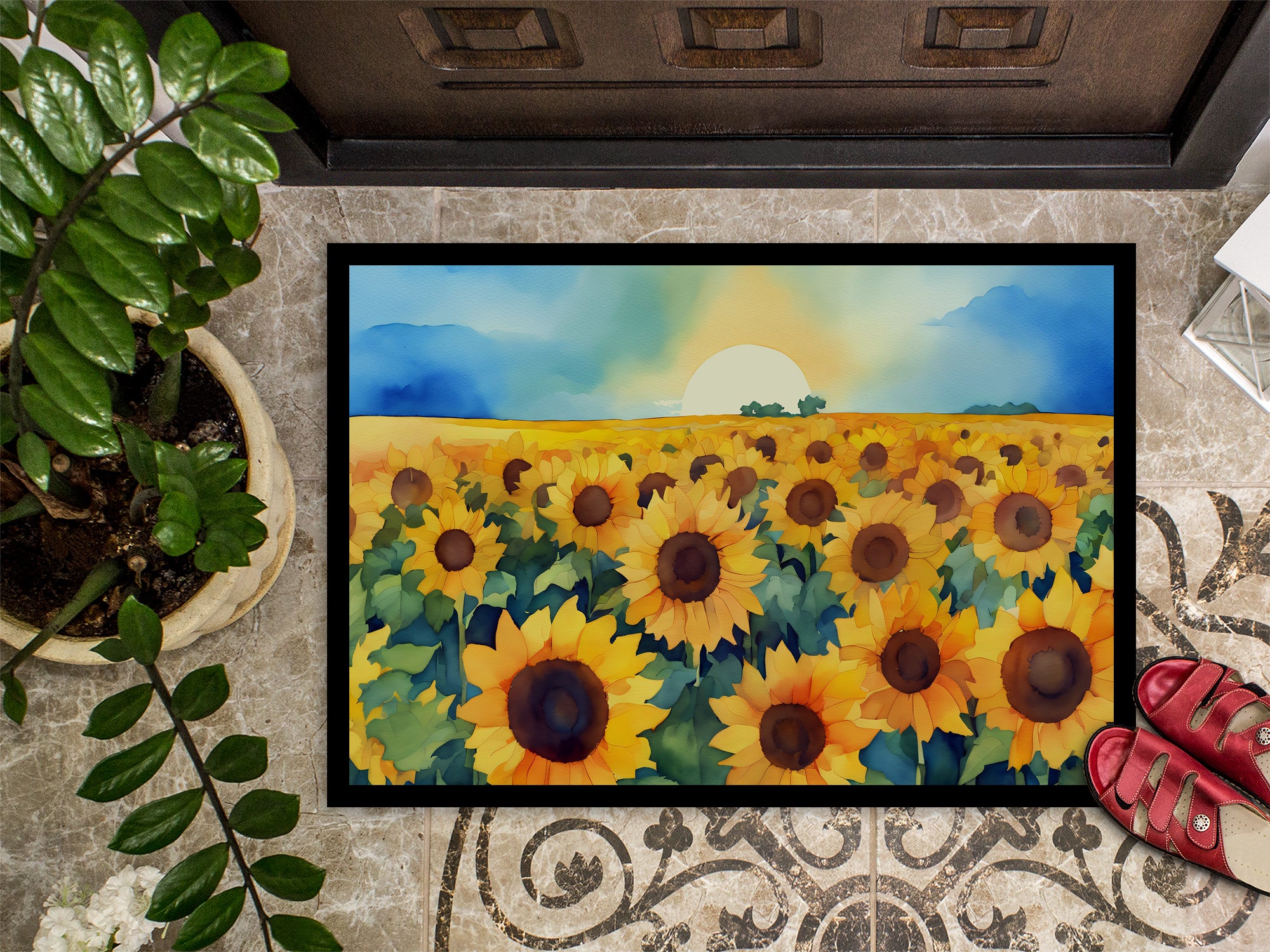 Kansas Sunflowers in Watercolor Doormat 18x27