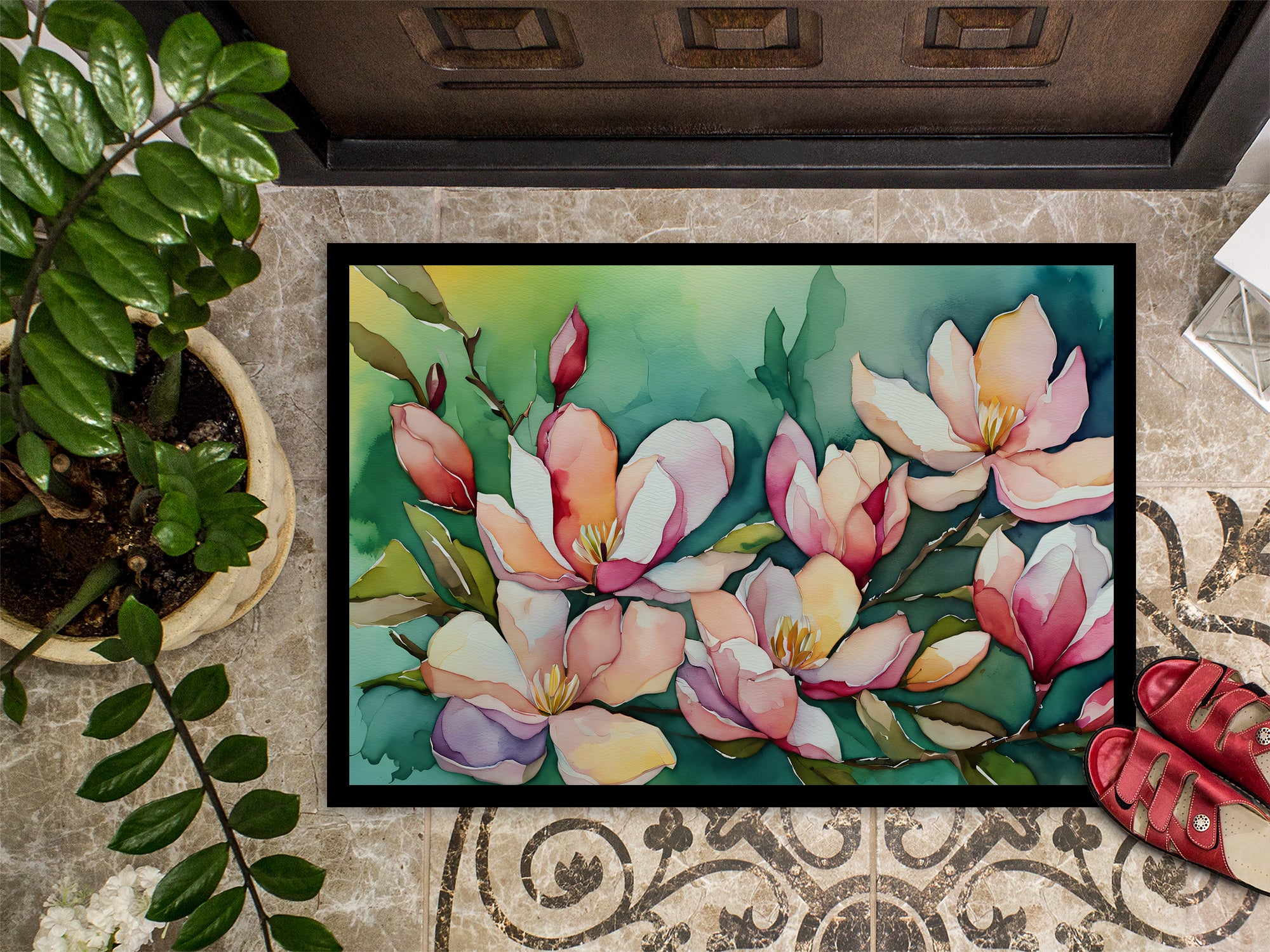 Louisiana Magnolias in Watercolor Indoor or Outdoor Mat 24x36