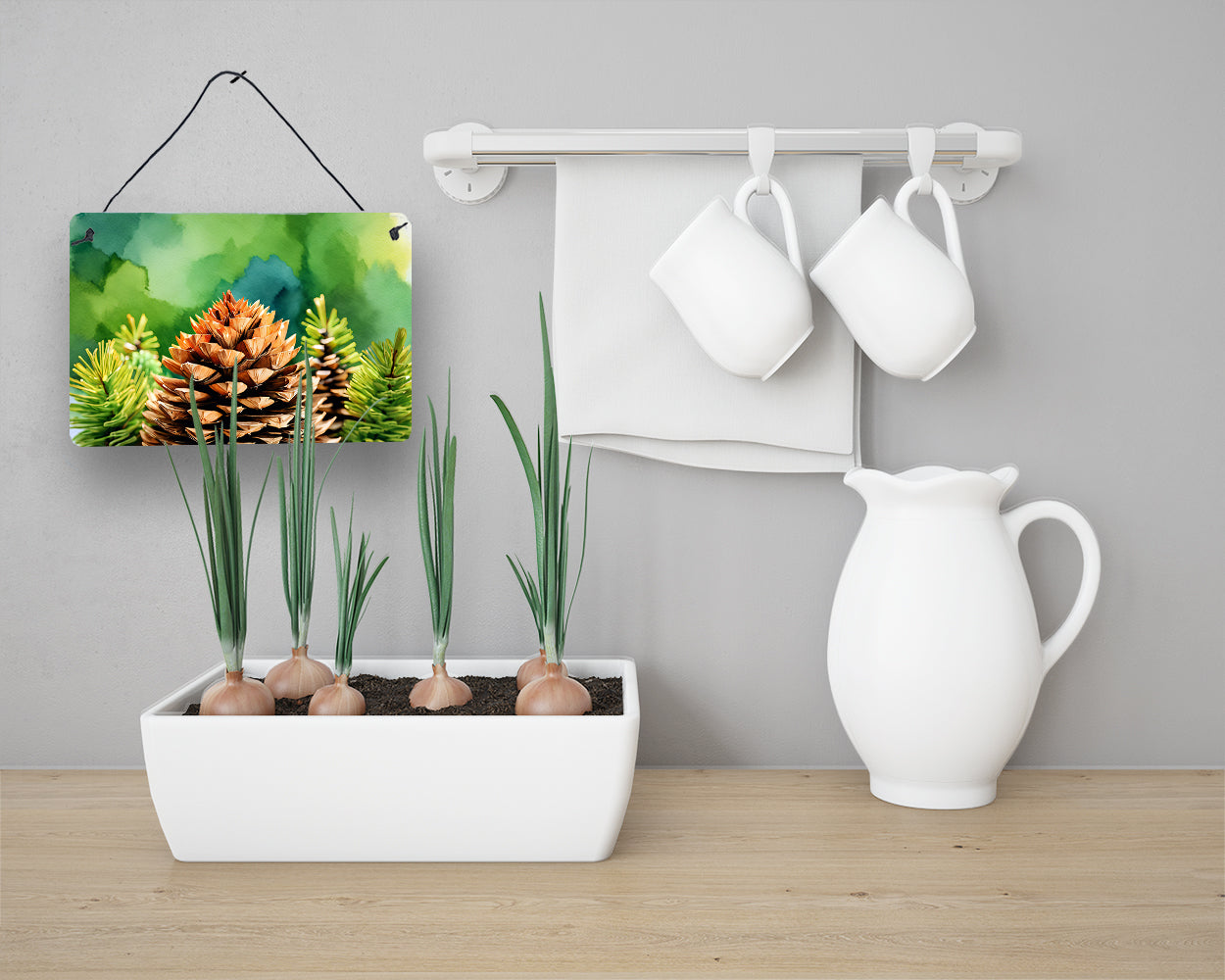 Maine White Pine Cone and Tassels in Watercolor Wall or Door Hanging Prints