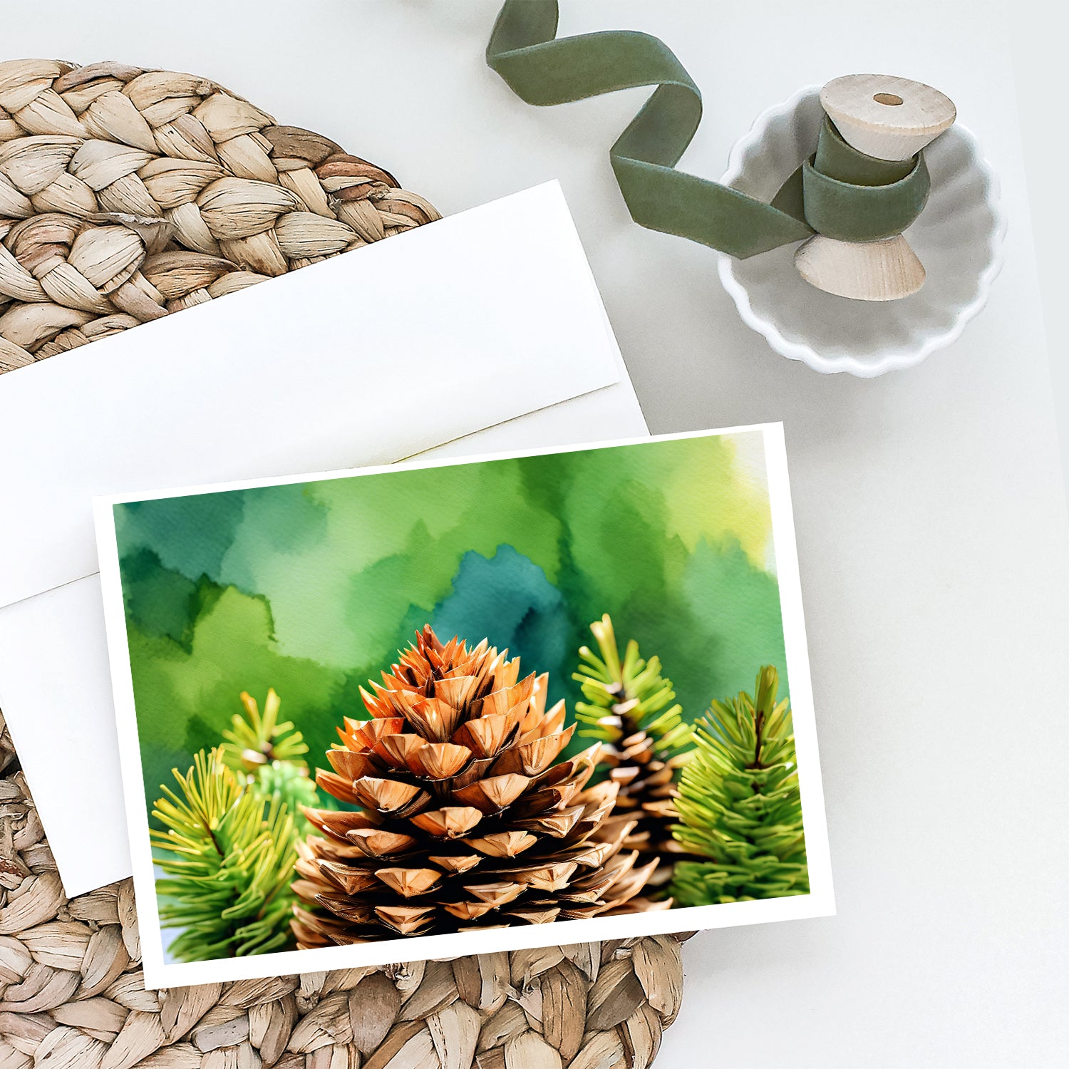 Buy this Maine White Pine Cone and Tassels in Watercolor Greeting Cards and Envelopes Pack of 8