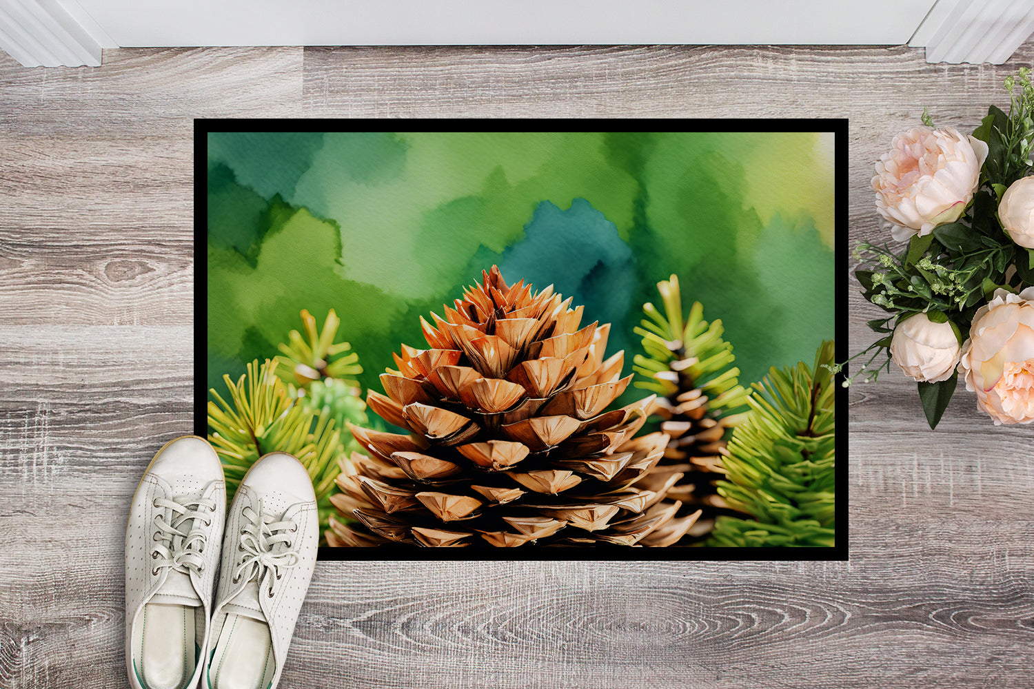 Maine White Pine Cone and Tassels in Watercolor Indoor or Outdoor Mat 24x36
