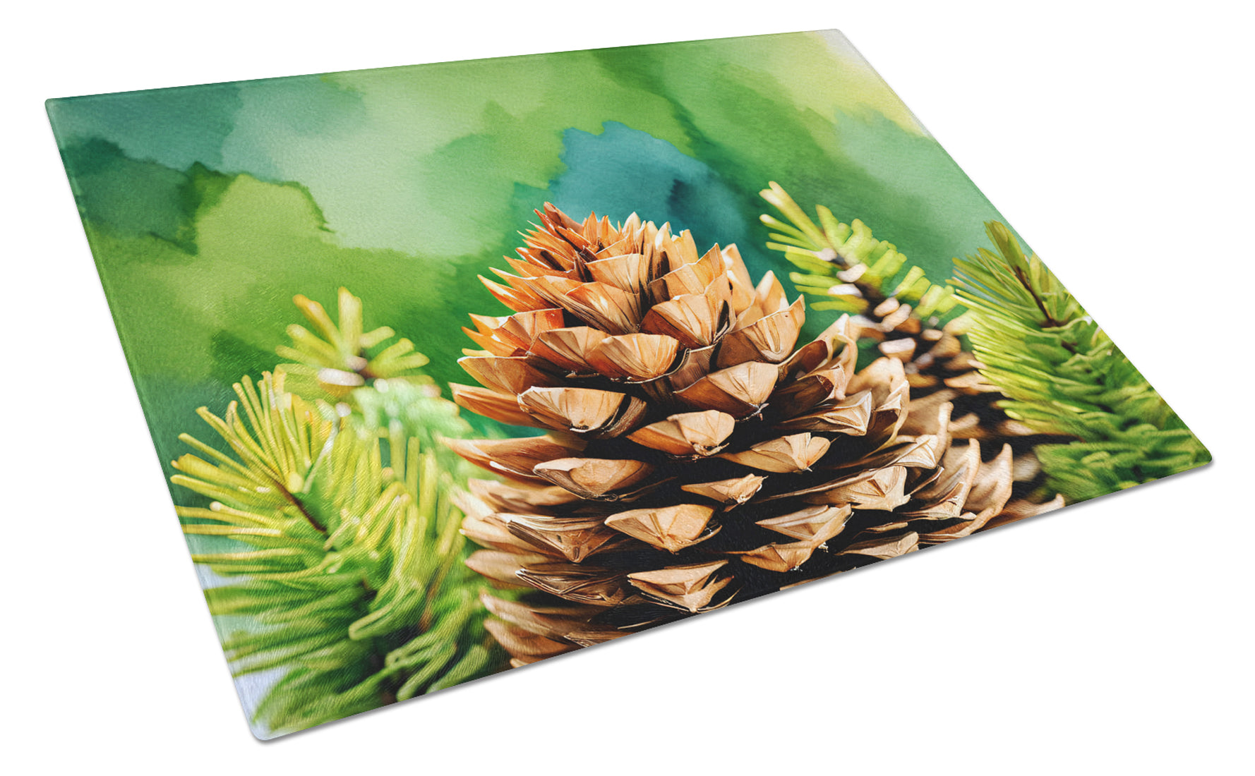 Buy this Maine White Pine Cone and Tassels in Watercolor Glass Cutting Board Large