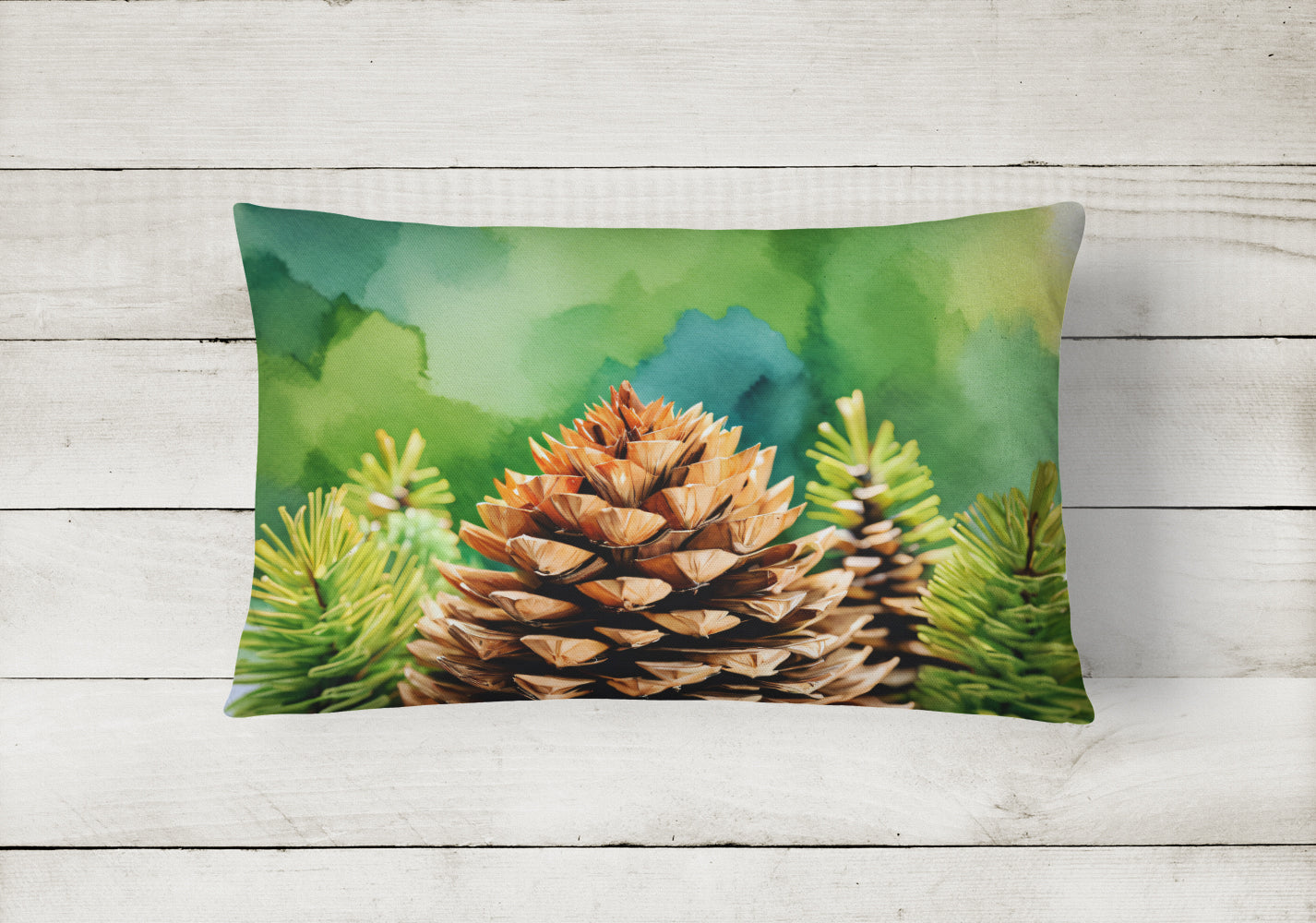 Maine White Pine Cone and Tassels in Watercolor Fabric Decorative Pillow